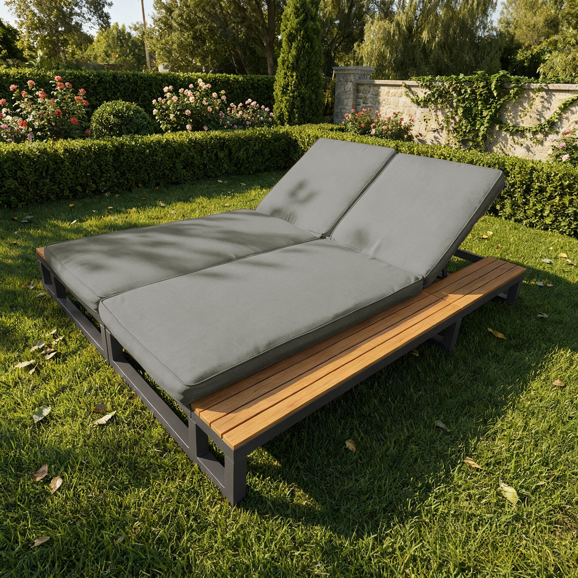 Outdoor Patio Daybed, Outdoor Lounger, Multifunctional Waterproof Sofa Bed, Sun Lounger for Patio, Adjustable Backrest Angle, Gray, Double Lounge Bed