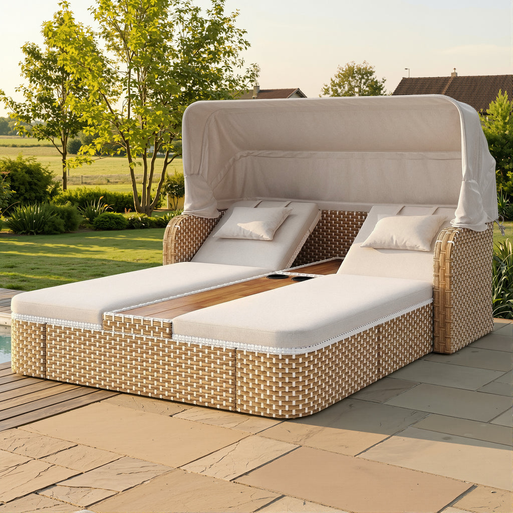 Outdoor Wicker Double Chaise Lounge with Adjustable Canopy, 5-Position Reclining Backrests, Built-in Cup Holders, for Patio & Poolside