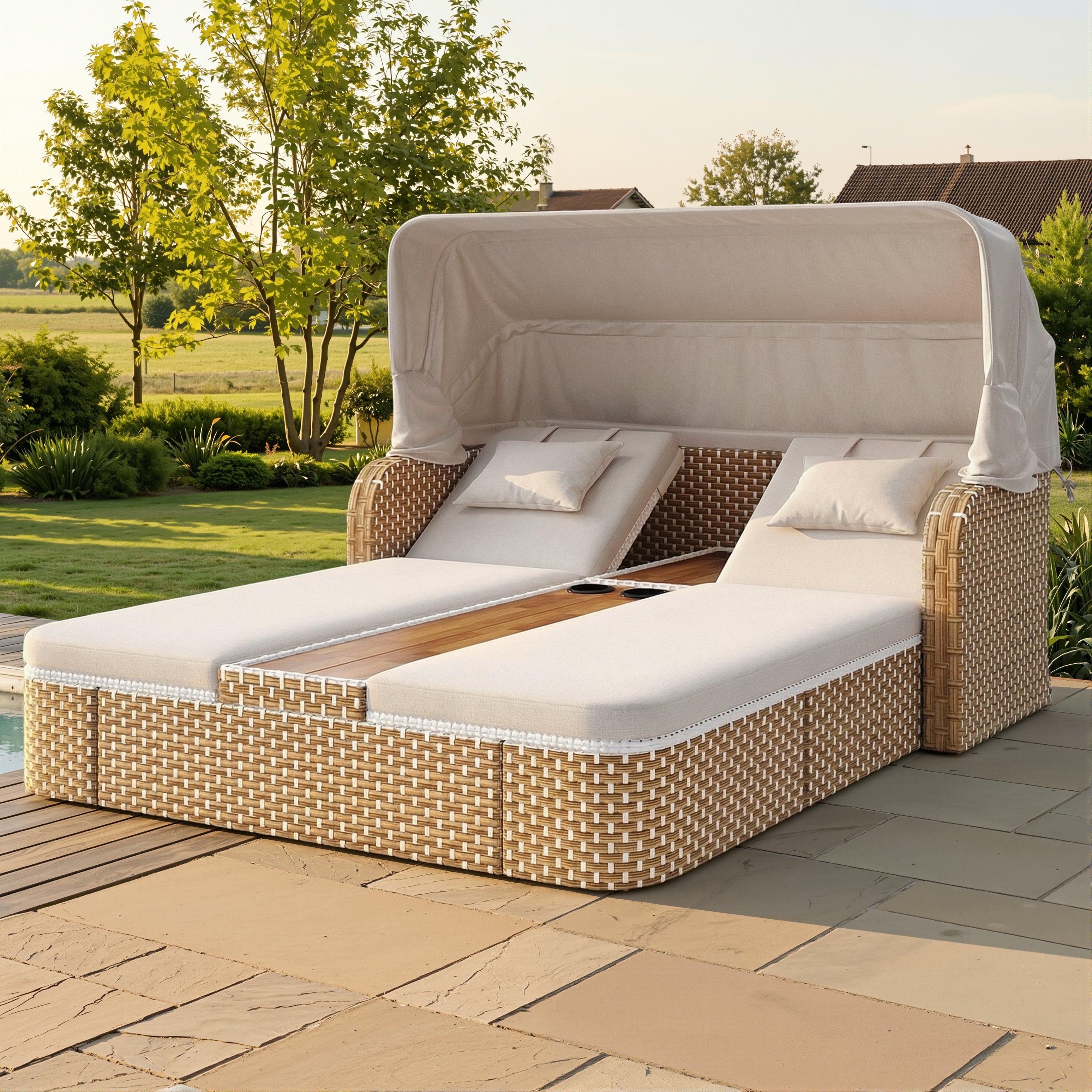 Outdoor Wicker Double Chaise Lounge with Adjustable Canopy, 5-Position Reclining Backrests, Built-in Cup Holders, for Patio & Poolside