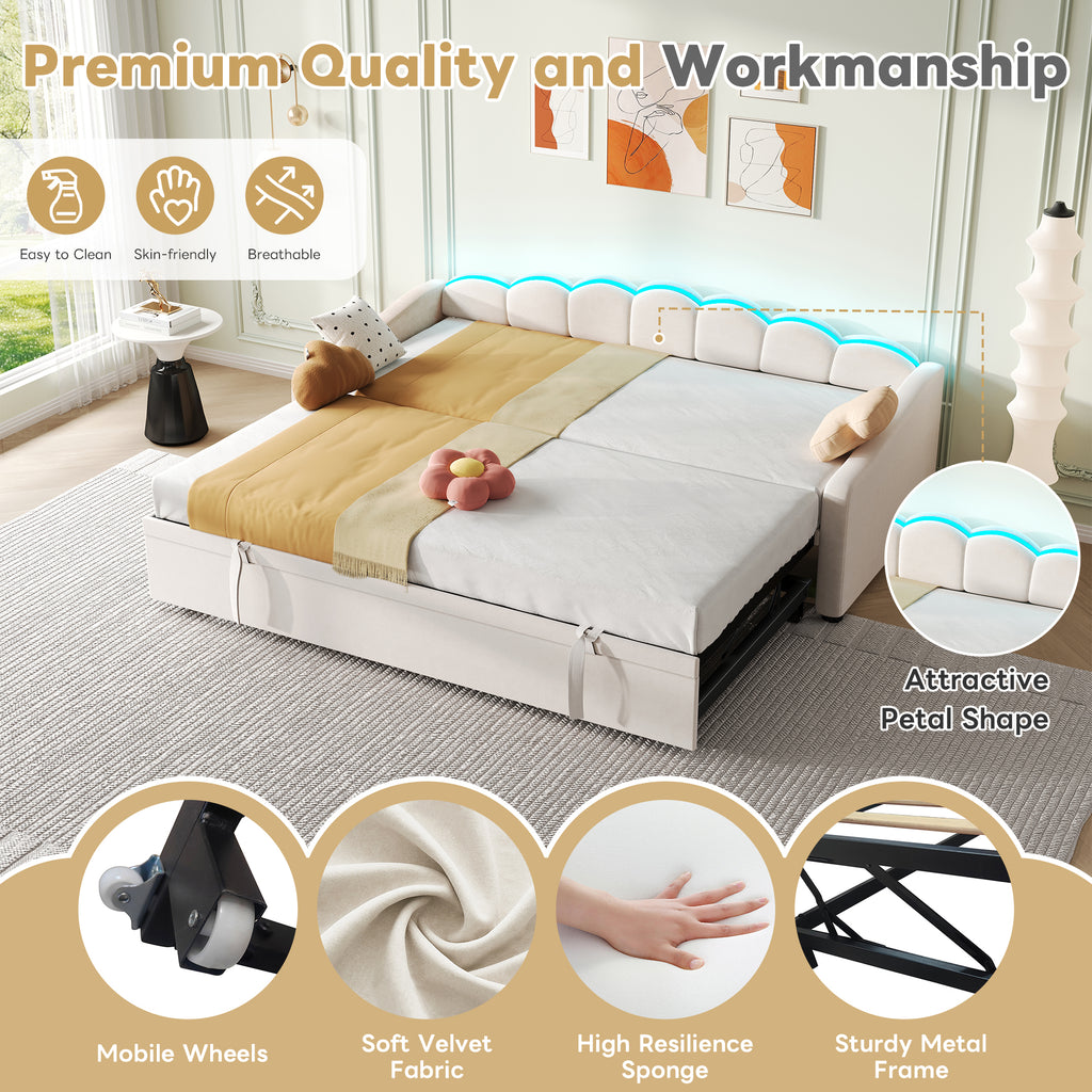 Upholstered Bed 90x190cm, Daybed, Sofa Bed with RGB LED Lighting, 3ft Petal Shape Single Bed with Trundle,Pull out Trundle Bed for Living Room/ Bedroom/ Study Room, Velvet, Beige (No Mattress)