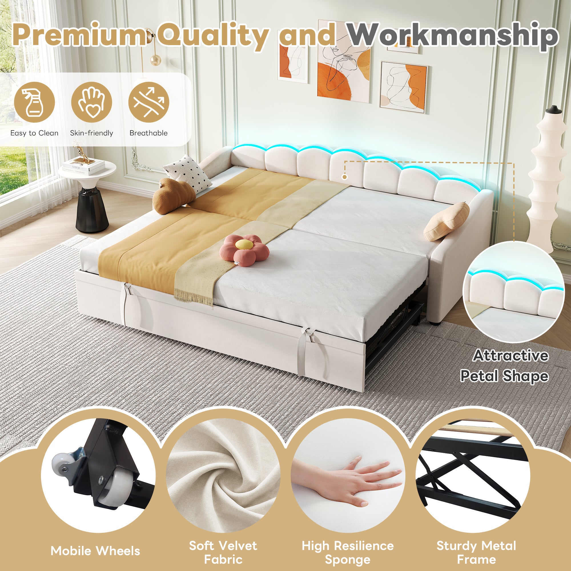 Upholstered Bed 90x190cm, Daybed, Sofa Bed with RGB LED Lighting, 3ft Petal Shape Single Bed with Trundle,Pull out Trundle Bed for Living Room/ Bedroom/ Study Room, Velvet, Beige (No Mattress)