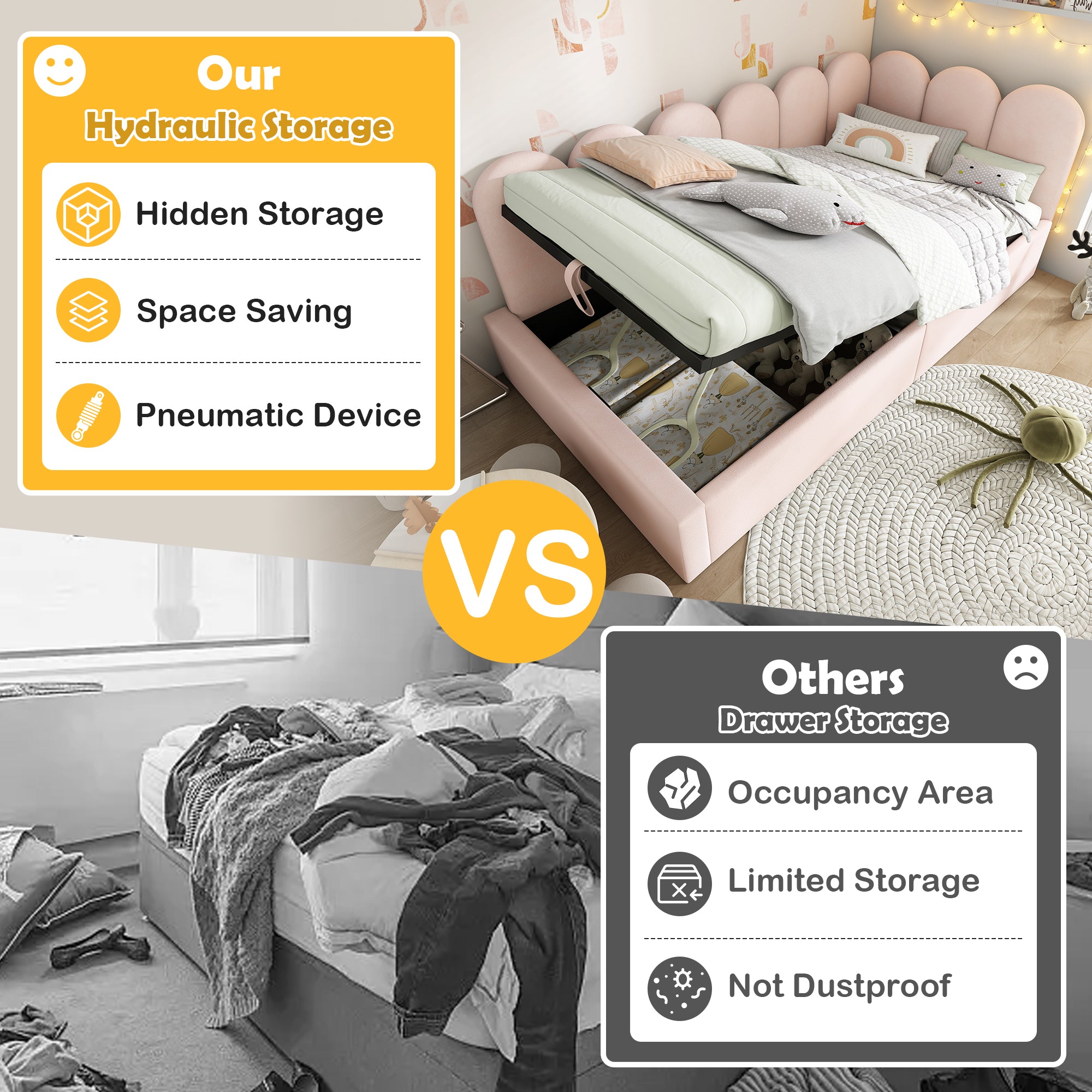 Upholstered Bed Daybed with Storage, 3FT Single Sofa Bed 90 x 190 cm, Daybed with Hydraulic Storage, Bed Frame with Metal Slatted Frame, Velvet, Beige (No Mattress)