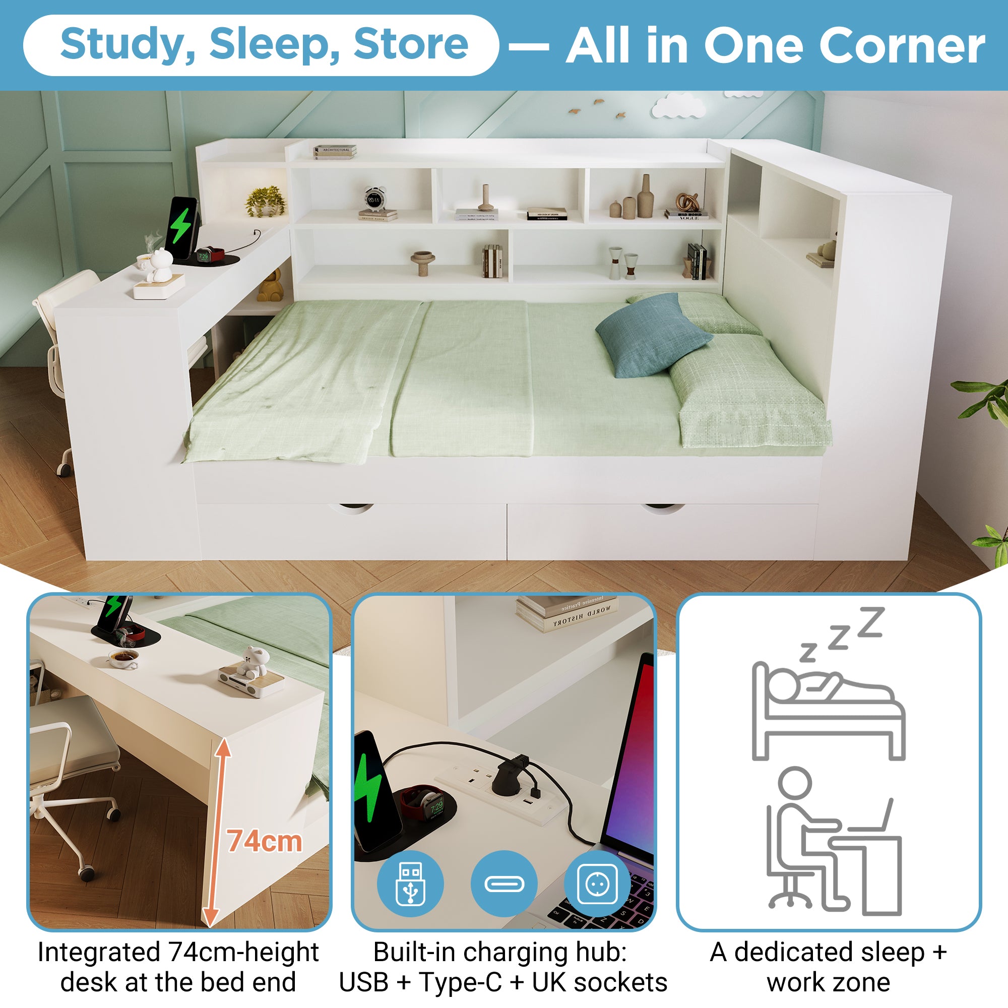 Double Daybed with Bookcase & Computer Desk, 4ft6 Sofa Bed with Storage, Drawers & USB Type-C Port, 135 x 190 cm Multi-functional Wooden Bed Frame for Living Room/ Bedroom, White (No Mattress)