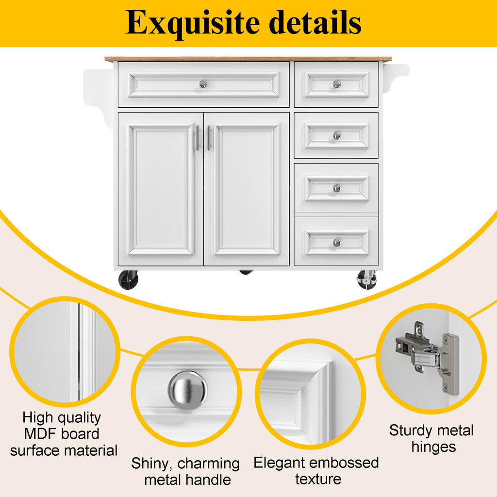 Kitchen island (110×45-75×92cm), removable serving trolley buffet cabinet, dining trolley with vintage pattern, buffet cabinet, multifunctional dining table with storage space, White