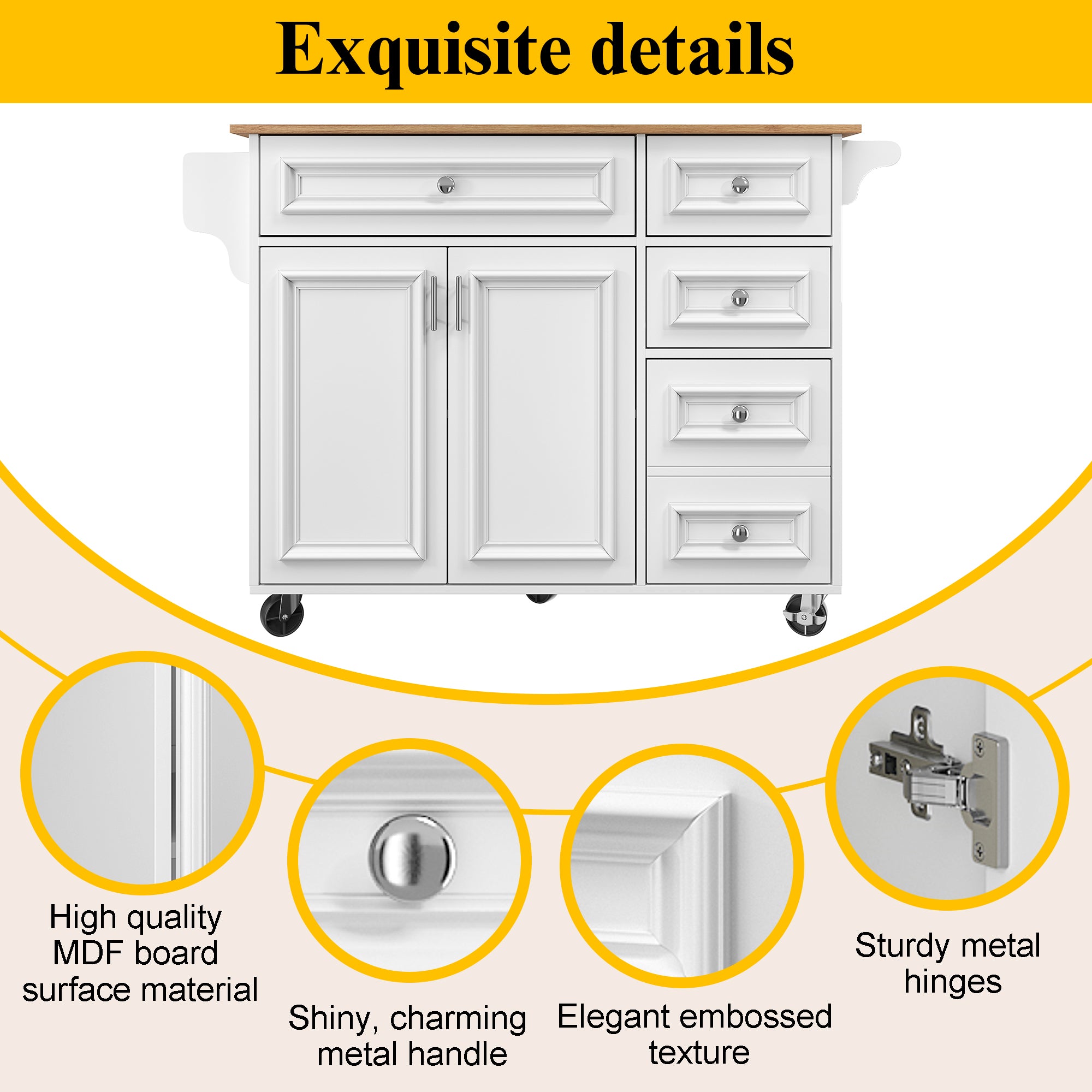 Kitchen island (110×45-75×92cm), removable serving trolley buffet cabinet, dining trolley with vintage pattern, buffet cabinet, multifunctional dining table with storage space, White