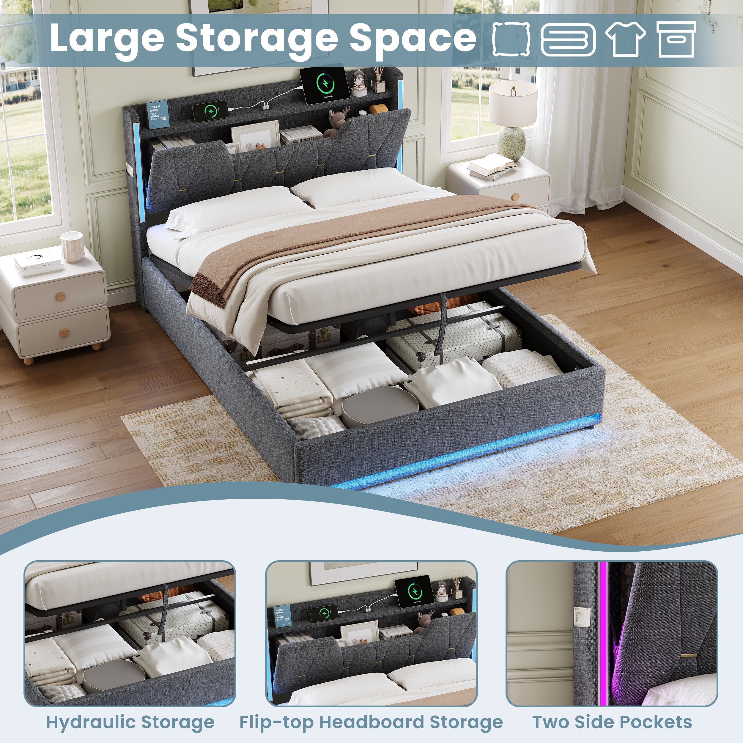4ft6 Double Upholstered Bed Frame with Hydraulic Storage,  LED X-Shape Headboard with Charging Station and Flip-top Headboard Storage, USB and Type - C Ports, Linen, Grey (No Mattress)