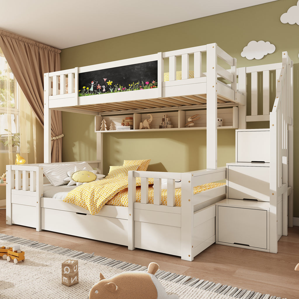 Bunk Beds for Kids, Staircase Bunk with Drawers and Chalkboard, Children's Bed with Storage Space, Double Bunk Bed for Family with Multiple Children, (90+135) x 190 cm, Solid Wood, White