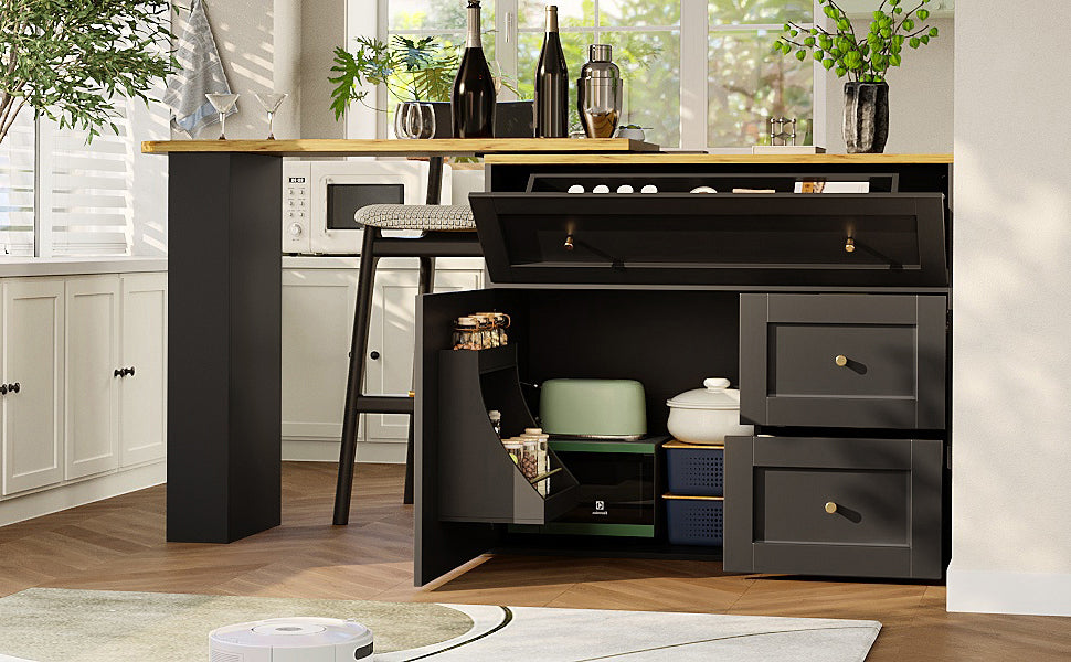 Extendable bar table with storage space (138-204×39×105cm), kitchen cabinet, sideboard with snack shelf, telescopic bar table, high table, bistro table, high table, kitchen island, black