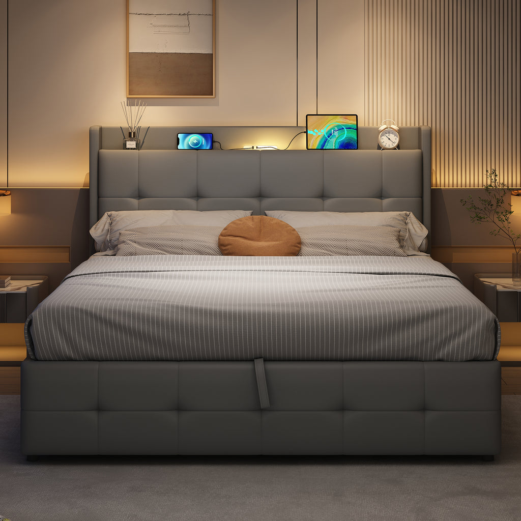 4ft6 Double Upholstered Bed Frame with Hydraulic Storage, PU Leather Ottoman Bed with Concealed Headboard Storage, Double Bed with Charging Station and LED Night Light,  Grey