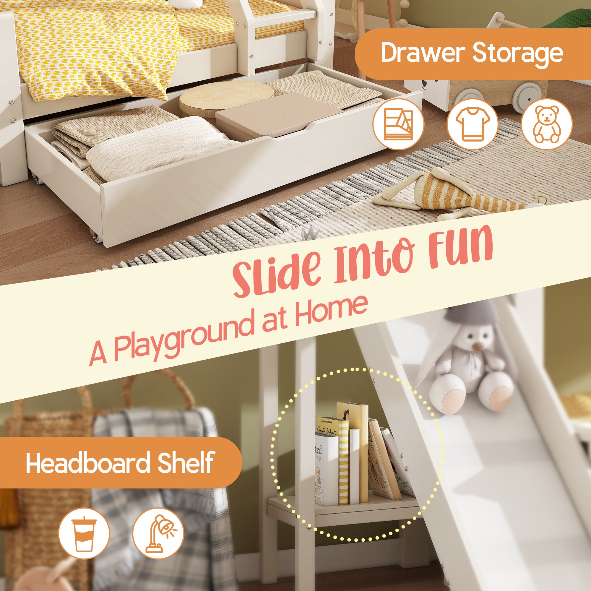 Bunk Beds for Kids, Wooden Cabin Bed with Ladder and Slide, Multi-functional Tree-house Bed, Children's House Bed, Twin Sleeper (90+135) x 190 cm, Solid Wood, White