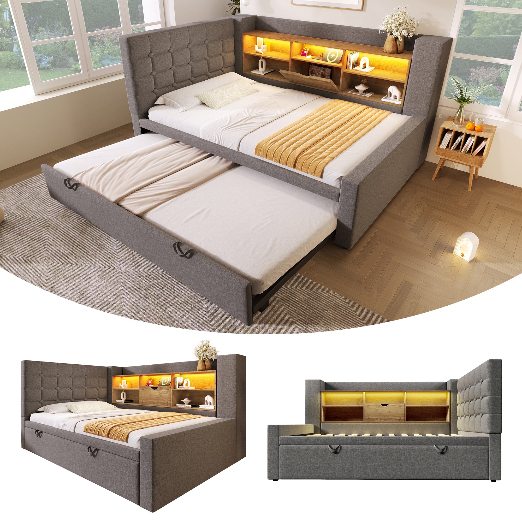 (=TT20572324G) Daybed Upholstered Bed 90 x 190 cm, 3FT Single Sofa Bed with Storage, USB &Type-C Charging Station, Pull out Trundle for Living Room and Bedroom, Linen, Grey (No Mattress)