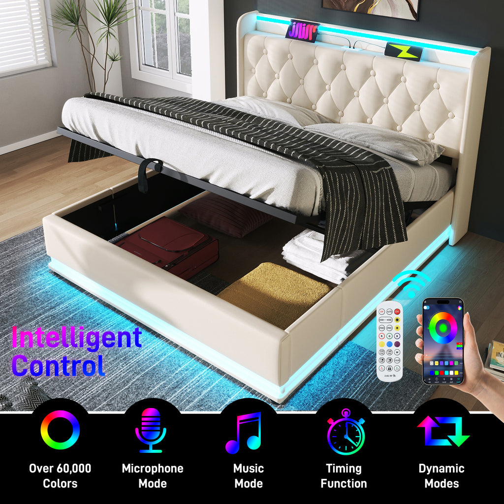Upholstered Double Ottoman Bed with 360 Surround Led Function,Hydraulic Storage Bed Frame with Large Storage Space, 4ft6 Double Bed Frame with Charging Function,135 x190 ,PU, White (No Mattress)
