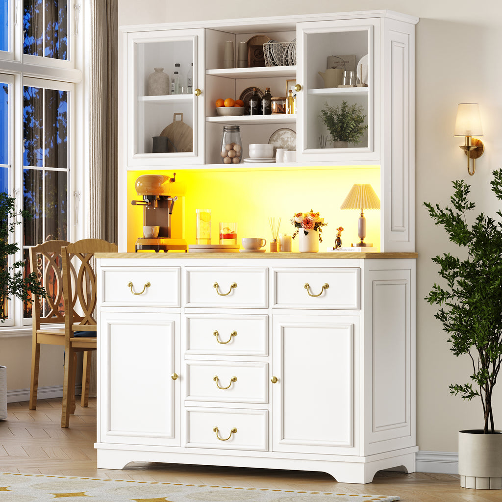 Tall kitchen cabinet with USB ports and sockets, sideboard with LED light strip, kitchen cabinet, storage cabinet with snack shelf doors, sideboard, waste bin can be installed, white