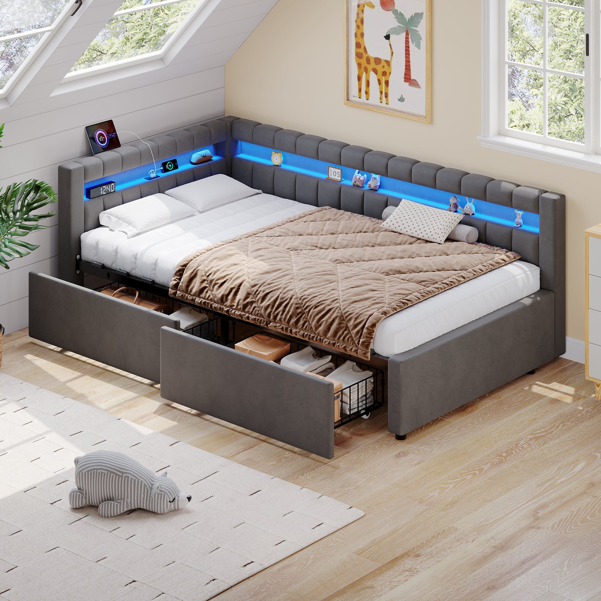 3ft Single Daybed with Two Storage Drawers, LED Modern Channel Tufted Bed Frame with Charging Station, Velvet Sofa Bed for Living Room/ Bedroom/ Study Room, 90X190cm, Easy Assembly, Grey(No Mattress)