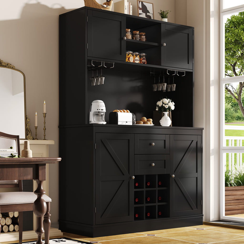 Kitchen Cabinet with Adjustable Shelves & Wine Rack, Tall Kitchen Cabinet with 4 Doors & 2 Drawers, Sideboard for Kitchen & Living Room, Buffet Cabinet, White/Balck
