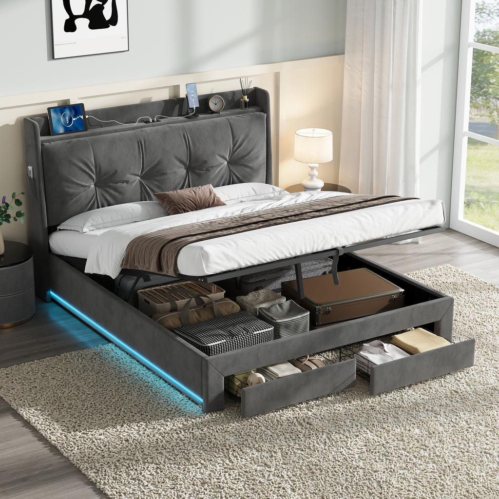 4ft6 Double Upholstered Bed Frame with Hydraulic and Drawers Storage, Back Cushion Headboard with Charging Station,  Velvet Ottoman Hydraulic Bed with RGB LED Lighting, Grey (No Mattress)