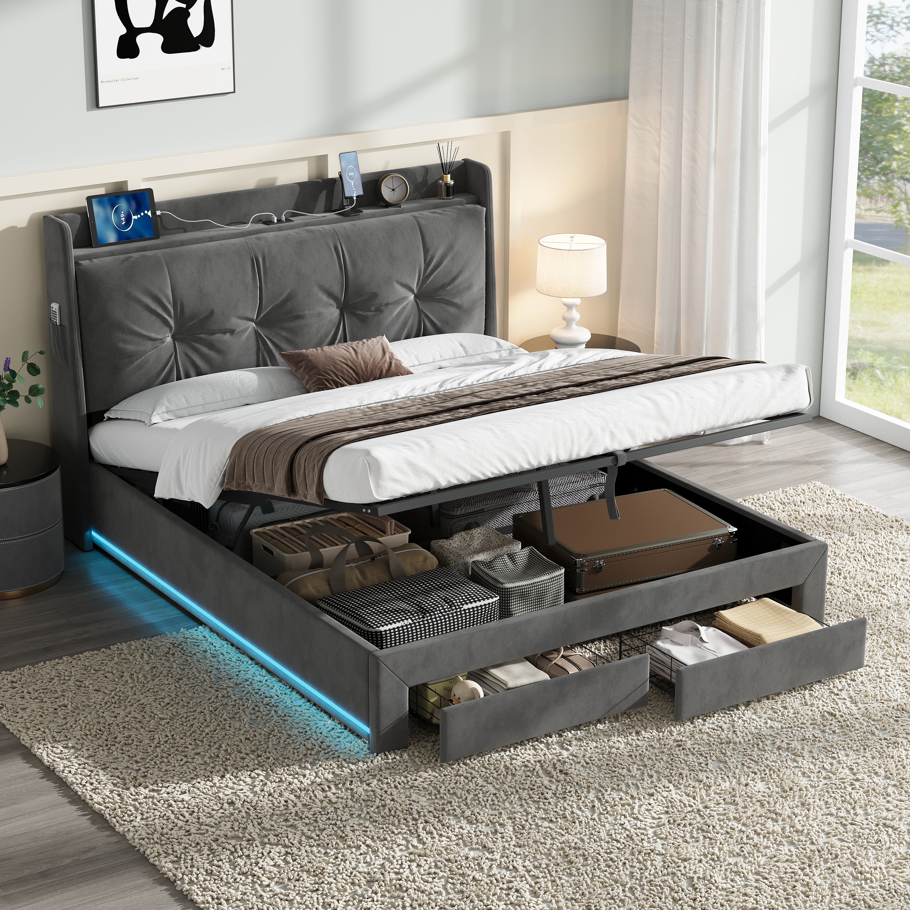 4ft6 Double Upholstered Bed Frame with Hydraulic and Drawers Storage, Back Cushion Headboard with Charging Station,  Velvet Ottoman Hydraulic Bed with RGB LED Lighting, Grey (No Mattress)