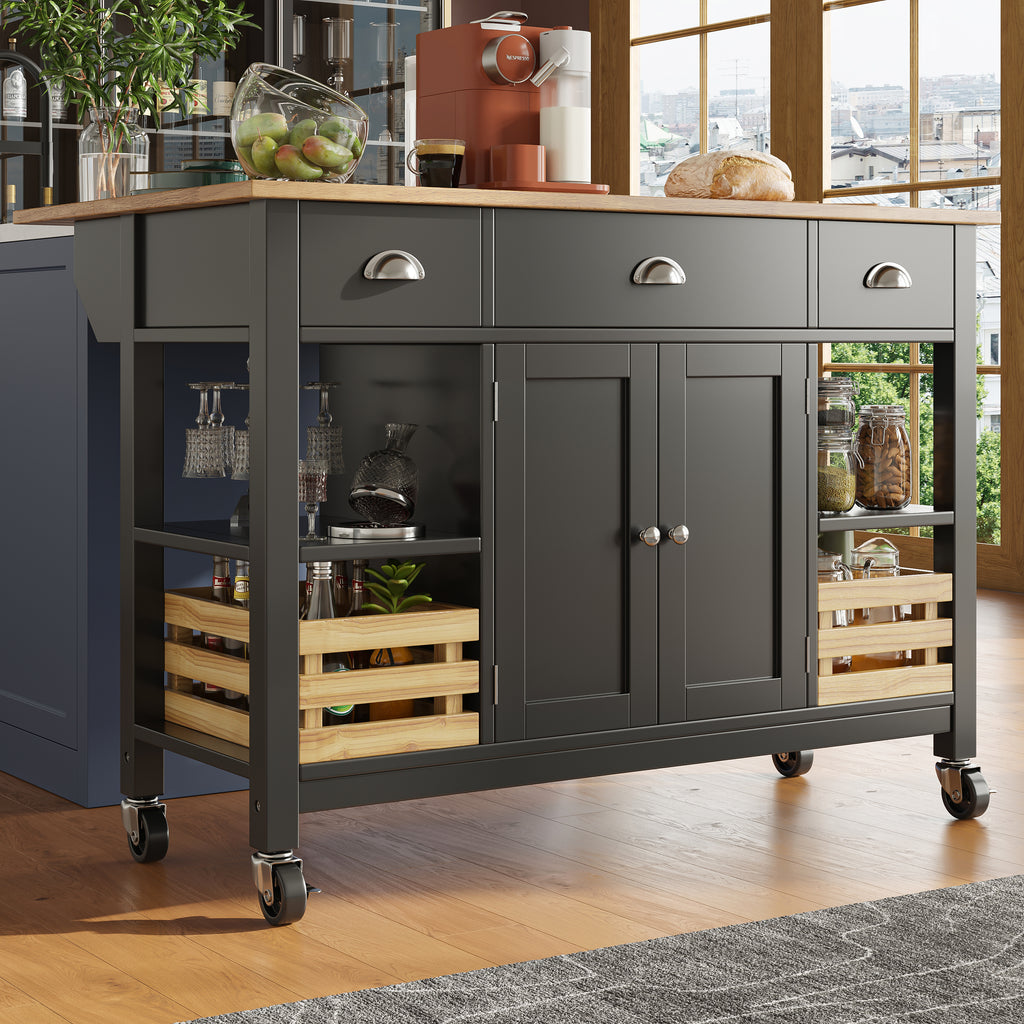 Rolling Kitchen Island Storage Trolley with Large Cabinet, 3 Drawers, Spice Rack, Adjustable Shelf, Dining Room Organiser Sideboard Cupboard Cabinet Cart, Black