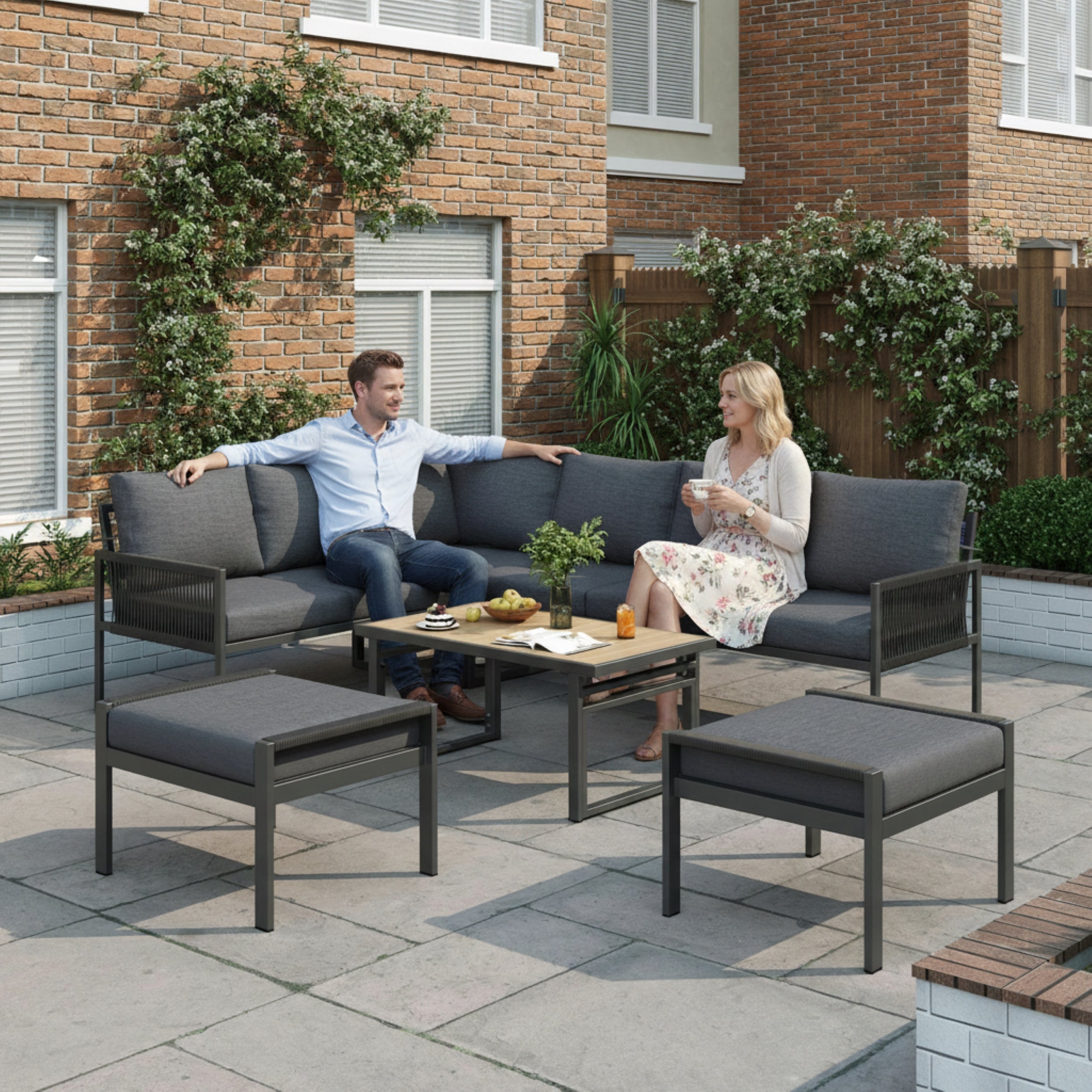 7-8 Seater Outdoor Garden Set with Height Adjustable Coffee Table and Compact Seater Stools, Corner Sofa with Polyester Rope, Weatherproof Outdoor Patio Dining Lounge Set for Balcony and Terrace, Grey
