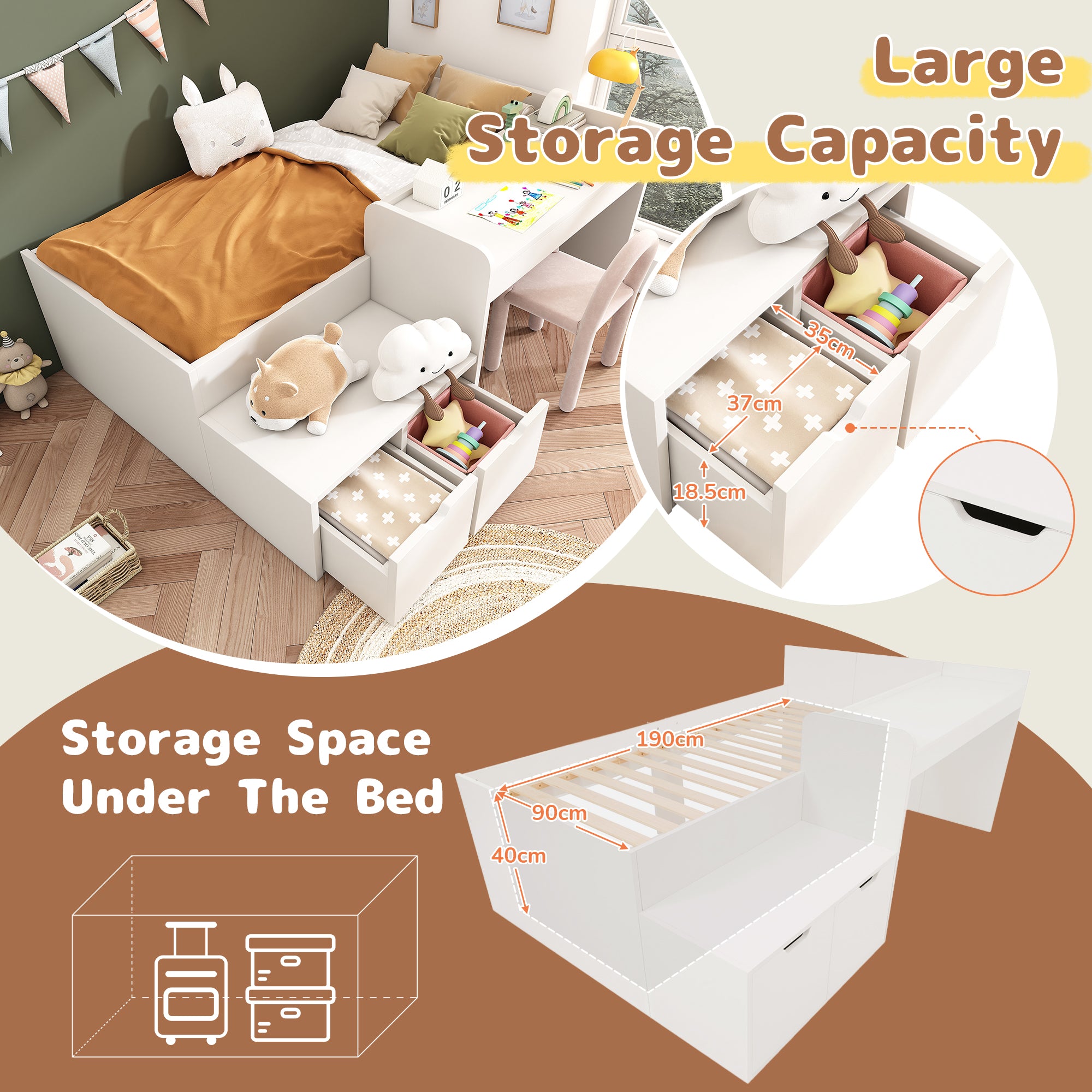 Kids Single Bed with Desk and Drawers, 90 x190 cm, White, 3ft Kids Wooden Bed with Storage, Single Bed with Slatted Frame, Lying Surface for Teenagers & Adults (No Mattress)