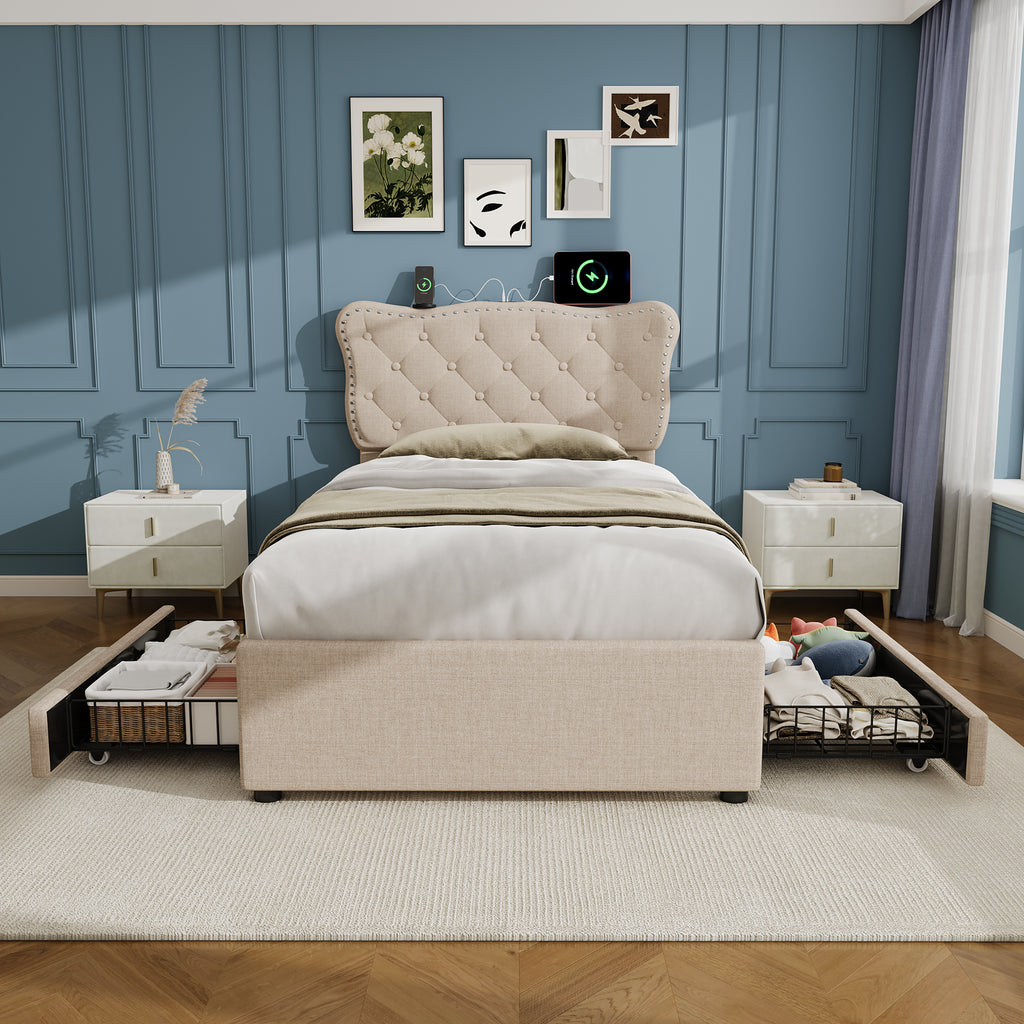 3ft Single Upholstered Bed with Rivet Design and Charging Station, Two Storage Drawers, Adjustable Button Tufted Headboard with USB & Type-C Ports, No Box Spring Needed, Linen, Beige  (No Mattress)