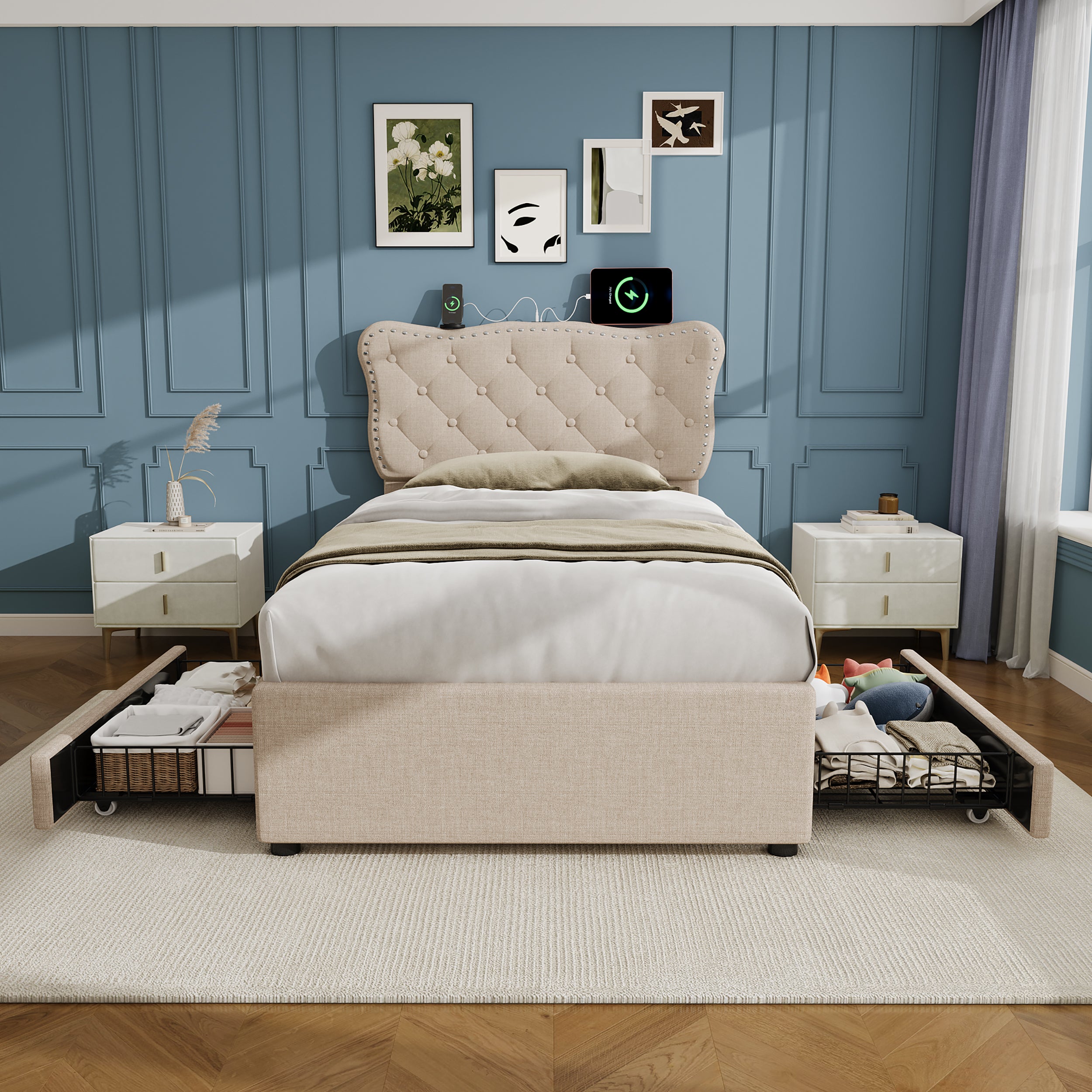 3ft Single Upholstered Bed with Rivet Design and Charging Station, Two Storage Drawers, Adjustable Button Tufted Headboard with USB & Type-C Ports, No Box Spring Needed, Linen, Beige  (No Mattress)