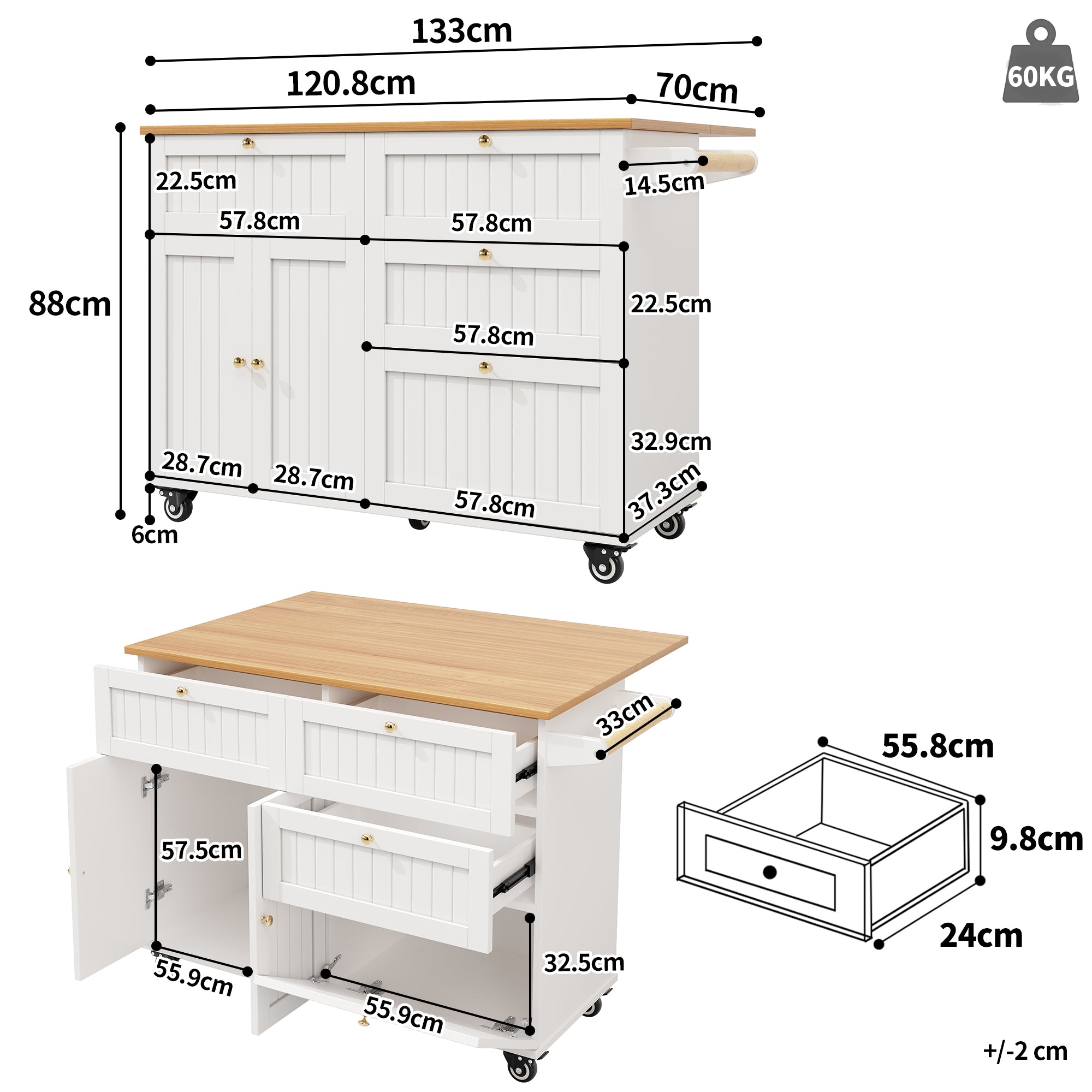Rolling Mobile Kitchen Island, Table on Wheels with Drawer and Storage Cabinet, Portable Kitchen Island Cart with Drop Leaf, Breakfast Bar, Towel Rack, White