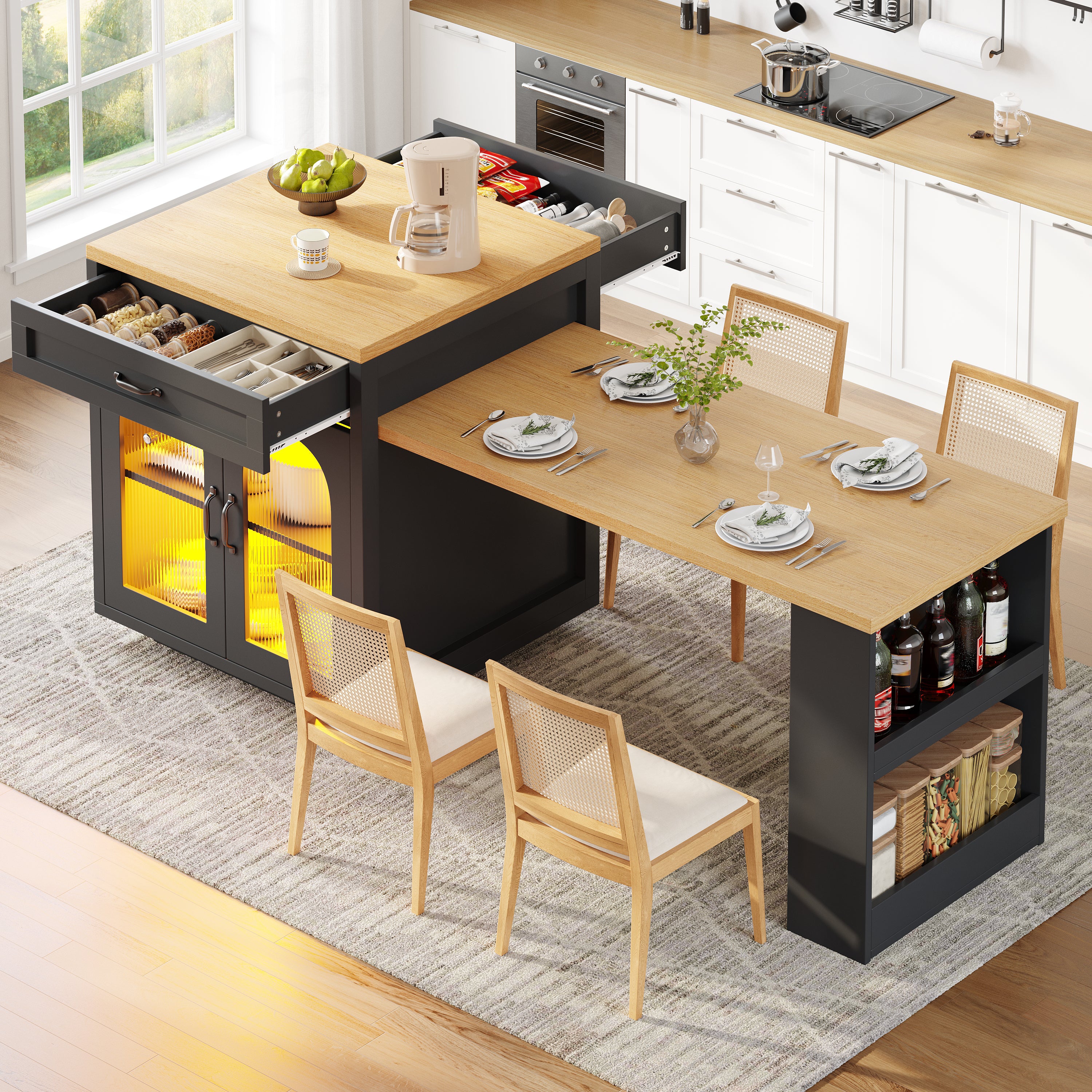 Extendable Kitchen Island with LED Lighting, Modern Storage Cabinet with 2 Drawers & Adjustable Shelves, Kitchen Sideboard with Fluted Glass Doors, MDF Kitchen Countertop for Dining Room