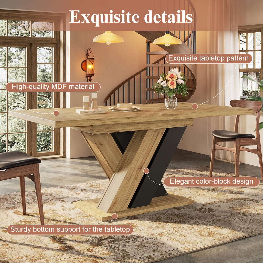 Dining table Telescopic table ,  kitchen table, extendable to 119-158.5cm with the aid of internal insert panels, for kitchen and living room, wood-colored dining table with X-shaped legs