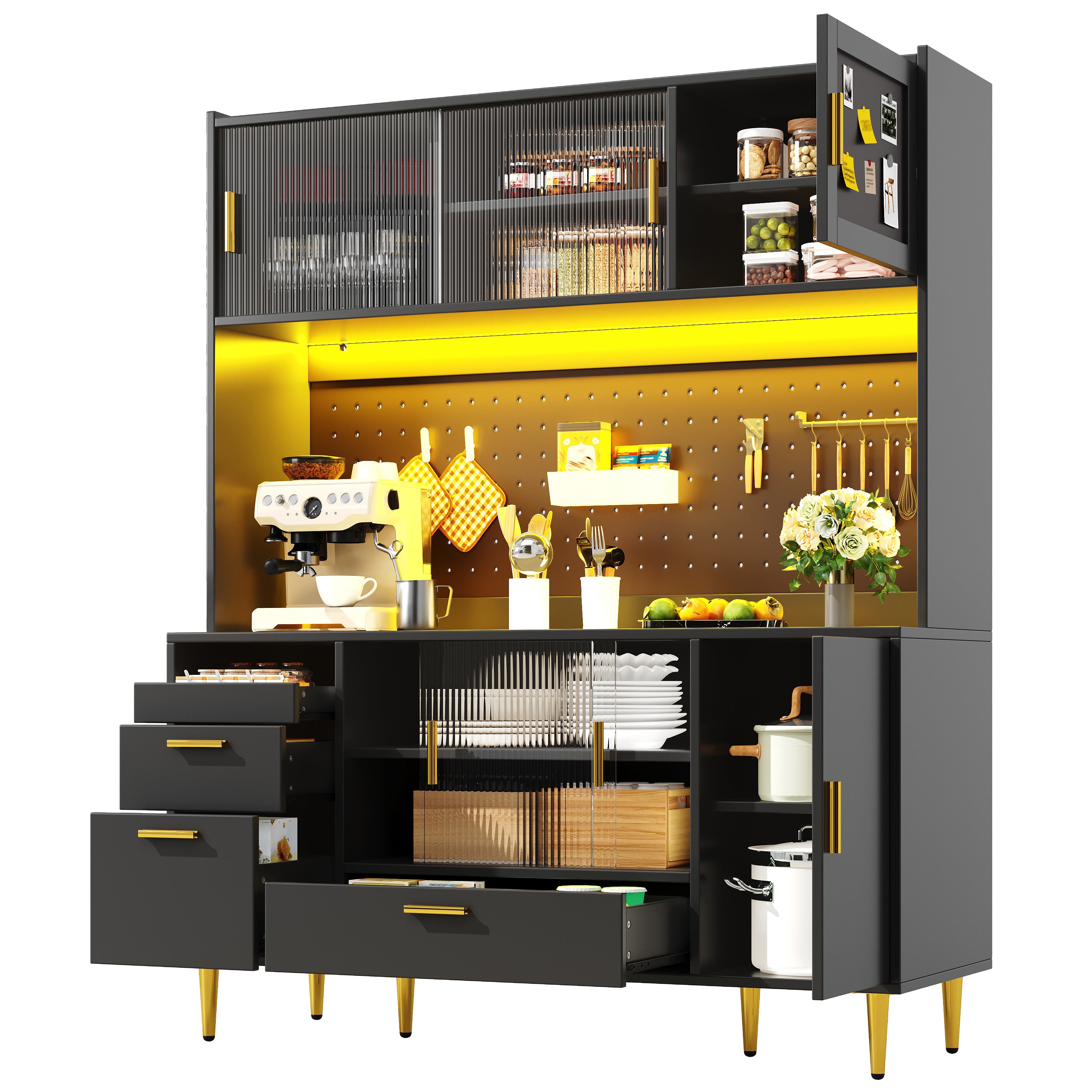 Tall cabinets for the living room (140×40×180cm), kitchen cabinet, dining room cabinet, cabinets with LED lighting, magnetic door panels, tall cabinet with pegboard shelves, black