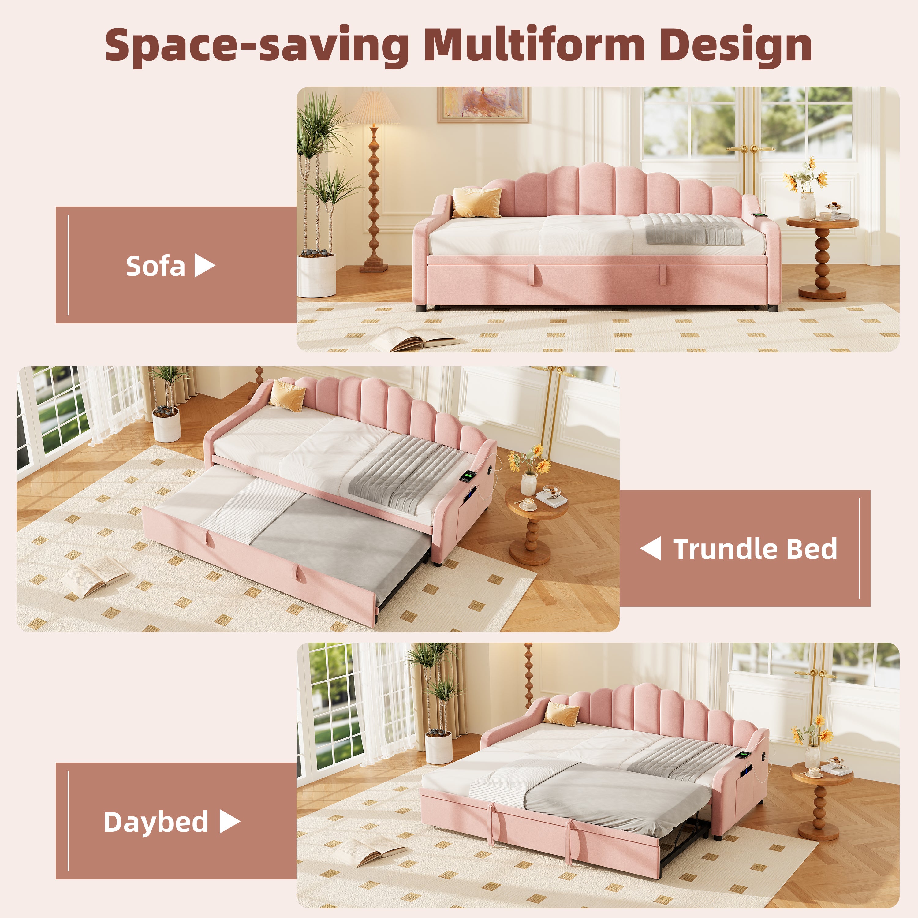 3ft Single Daybed with Pull-out Trundle, Velvet Upholstered Sofa Bed with Side Charging Station & Storage Pockets, Chic Fluted Scalloped Backrest, Pink (No Mattress)