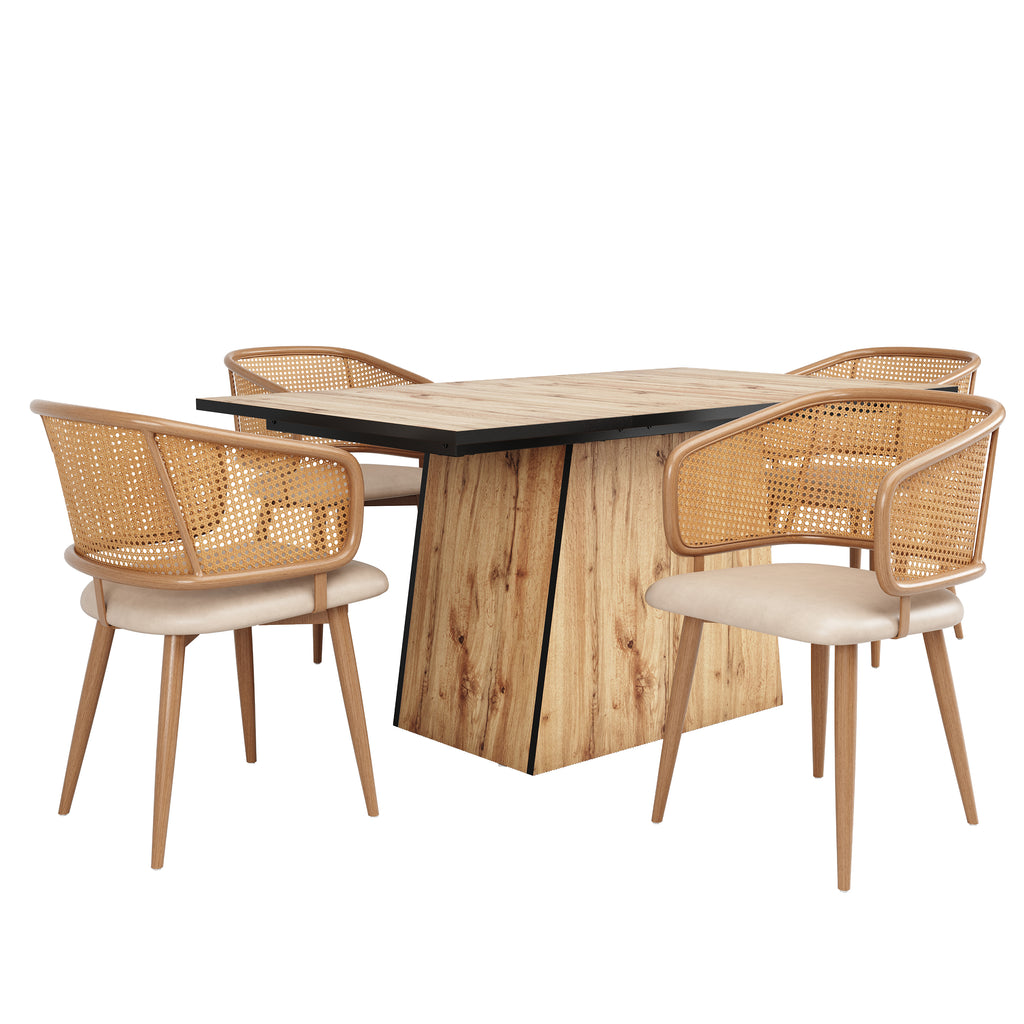 Modern Dining Chairs (4 pcs) with Rattan Backrest & PU Leather Seat, Breathable and Comfortable Dining Chairs for Restaurant, Living Room, Café , Contemporary Simple Style, Beige