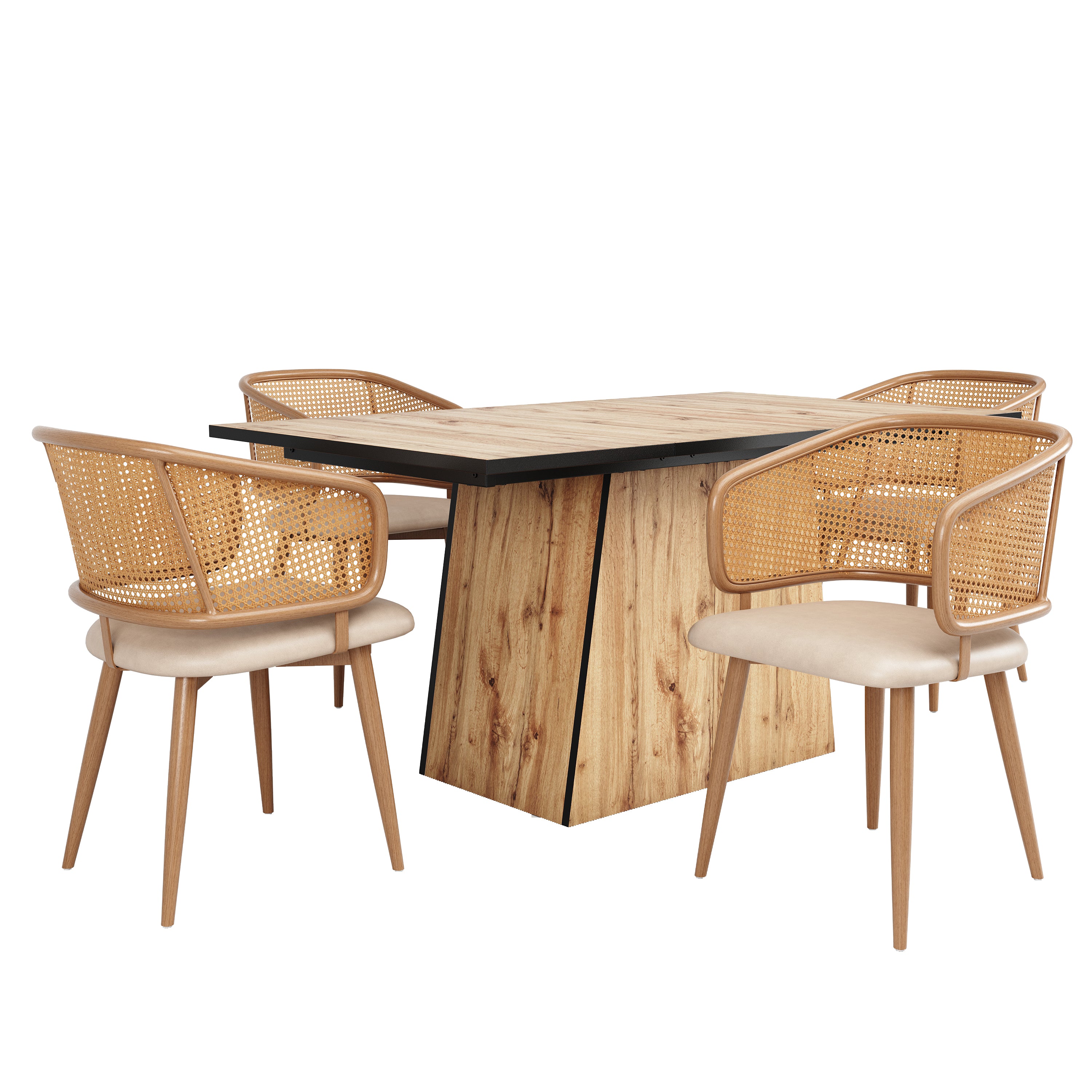 Modern Dining Chairs (4 pcs) with Rattan Backrest & PU Leather Seat, Breathable and Comfortable Dining Chairs for Restaurant, Living Room, Café , Contemporary Simple Style, Beige