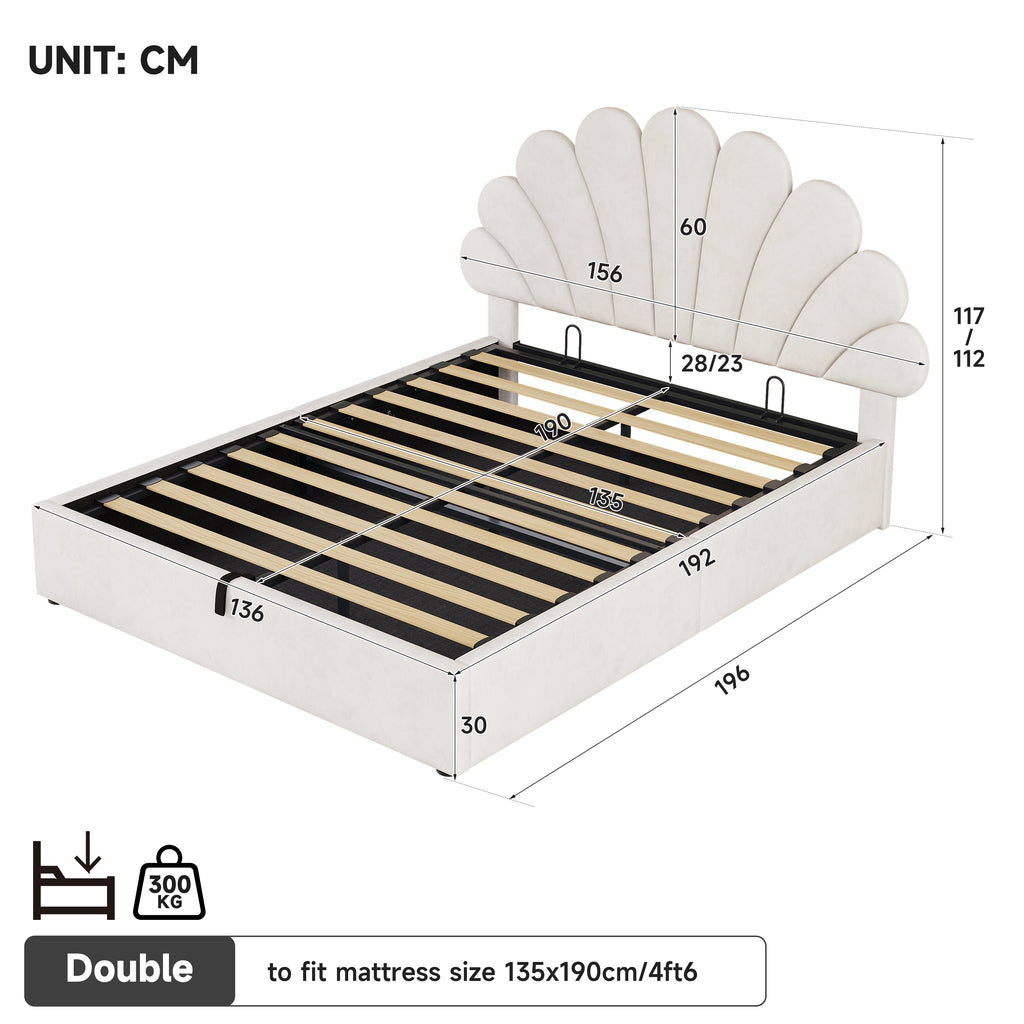 4ft6 Double Upholstered Hydraulic Bed with Adjustable Chic Petal Headboard, Soft Velvet Bed Frame with Hydraulic Storage, Petal Bed with Solid Wood Slat, No Box Spring Needed, Beige (No Mattress)