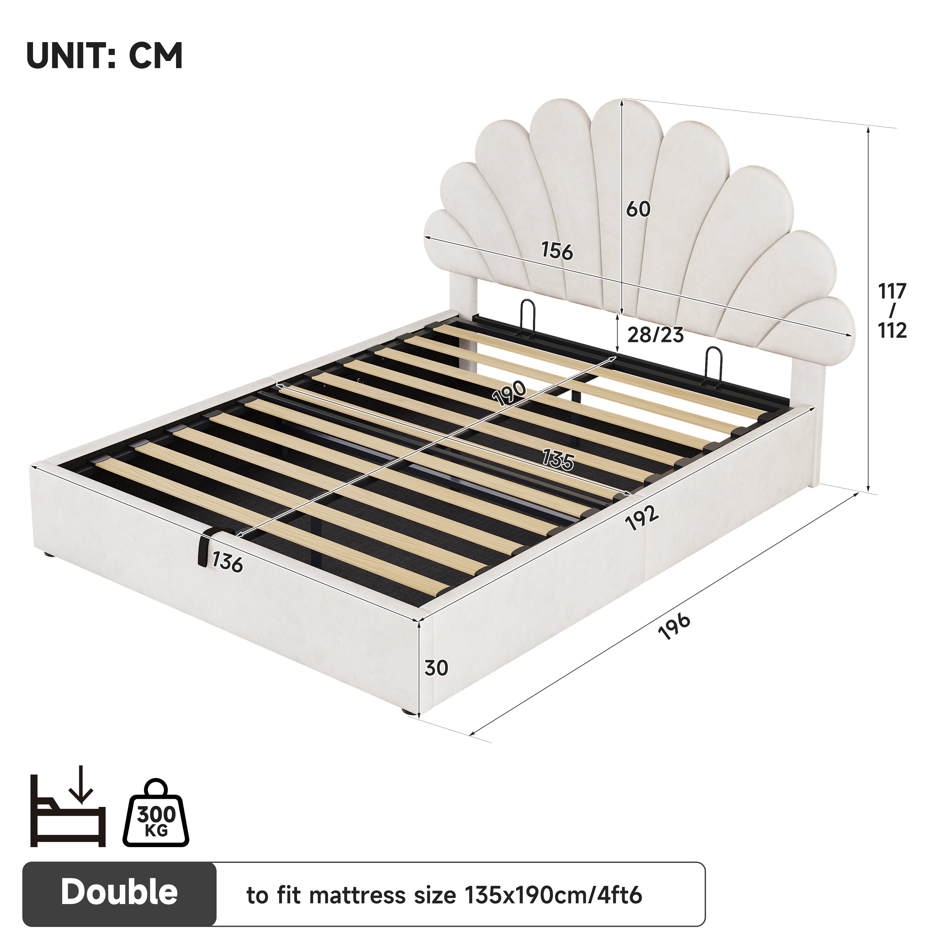 4ft6 Double Upholstered Hydraulic Bed with Adjustable Chic Petal Headboard, Soft Velvet Bed Frame with Hydraulic Storage, Petal Bed with Solid Wood Slat, No Box Spring Needed, Beige (No Mattress)