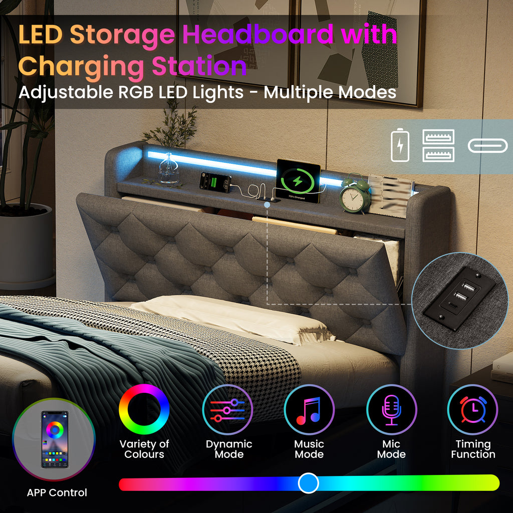 3ft Single Upholstered Bed Frame with Hydraulic Storage, LED Button Tufted Headboard with Charging Station and Concealed Headboard Storage, USB and Type-C Ports, Linen, Grey (No Mattress)