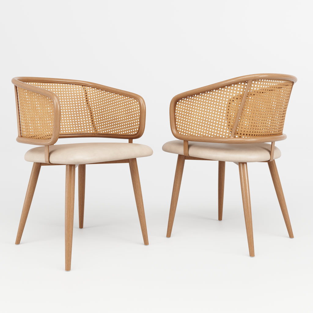 Modern Dining Chairs (2 pcs) with Rattan Backrest & PU Leather Seat, Breathable and Comfortable Dining Chairs for Restaurant, Living Room, Café , Contemporary Simple Style, Beige