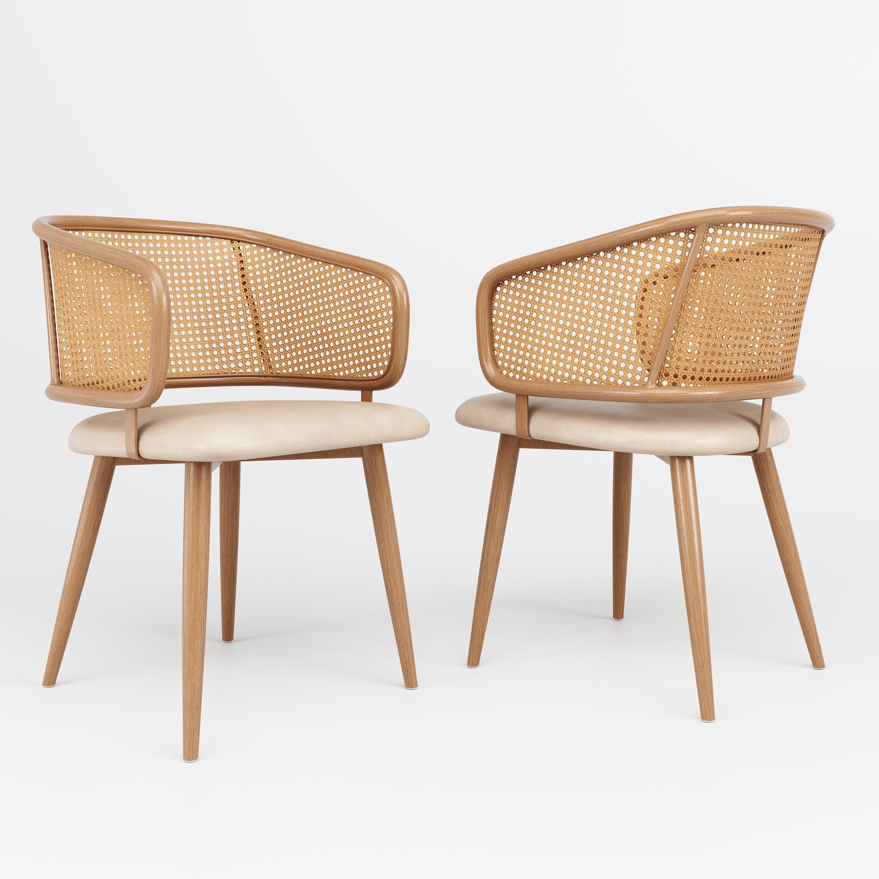 Modern Dining Chairs (2 pcs) with Rattan Backrest & PU Leather Seat, Breathable and Comfortable Dining Chairs for Restaurant, Living Room, Café , Contemporary Simple Style, Beige