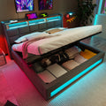 Upholstered Double Bed 135 x 190 cm with LED Lighting, USB Type-C Charging Function, Storage Headboard, 4FT6 Double Bed Storage Bed Frame with Metal Slatted Frame, Linen, Grey (No Mattress)