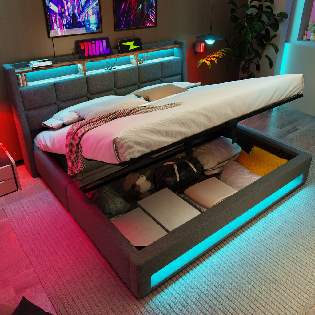 Upholstered Bed 180 x 200 cm with LED Lighting, USB Type-C Charging Function, Storage Headboard, 6FT Super King Size Storage Bed Frame with Metal Slatted Frame, Linen, Grey (No Mattress)