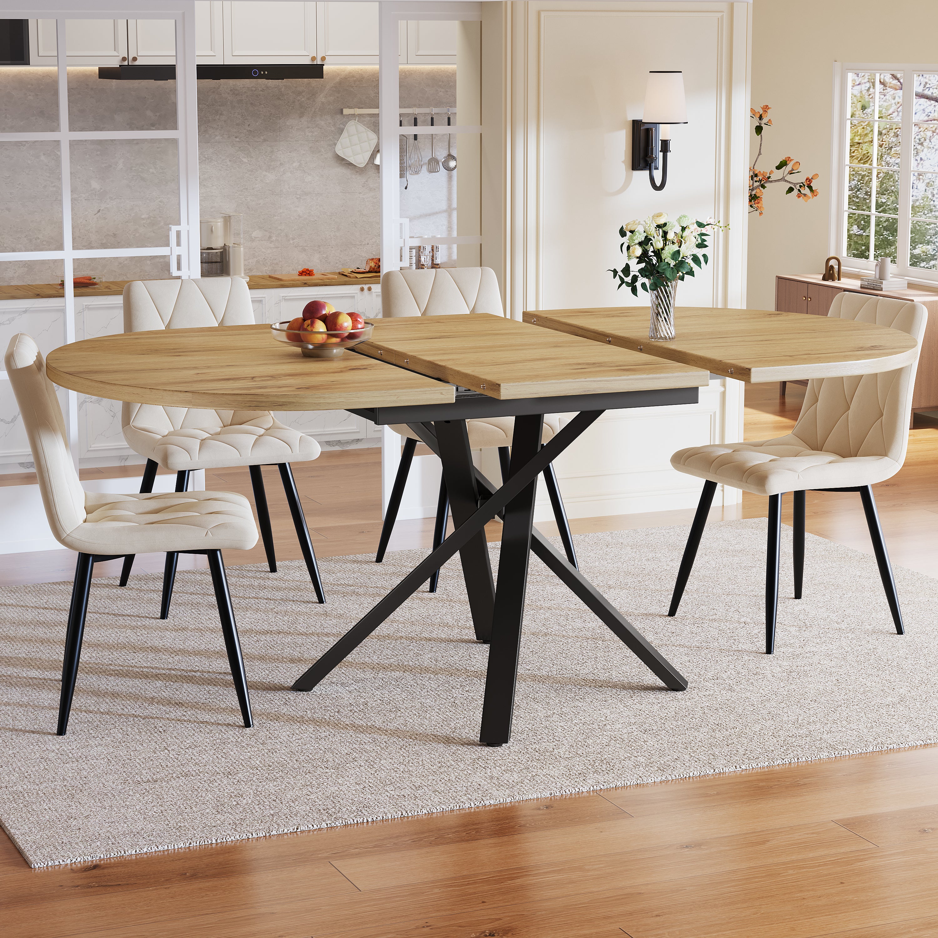 Extendable dining table 100-140cm, round-oval table, stable X-metal frame, adjustable feet, wood look