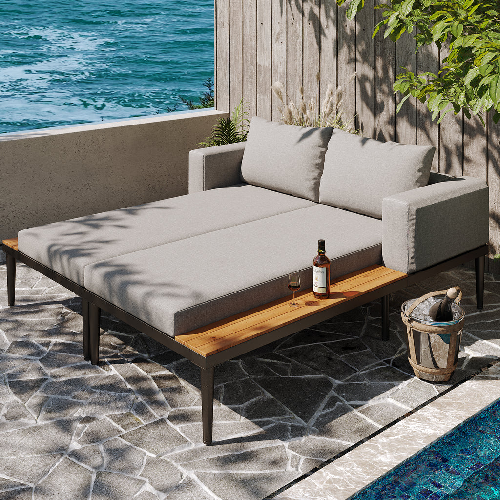 Modular Outdoor Double Chaise Lounge with Wooden Side Panels, Waterproof Cushions, Sturdy Iron Frame, for Patio & Poolside