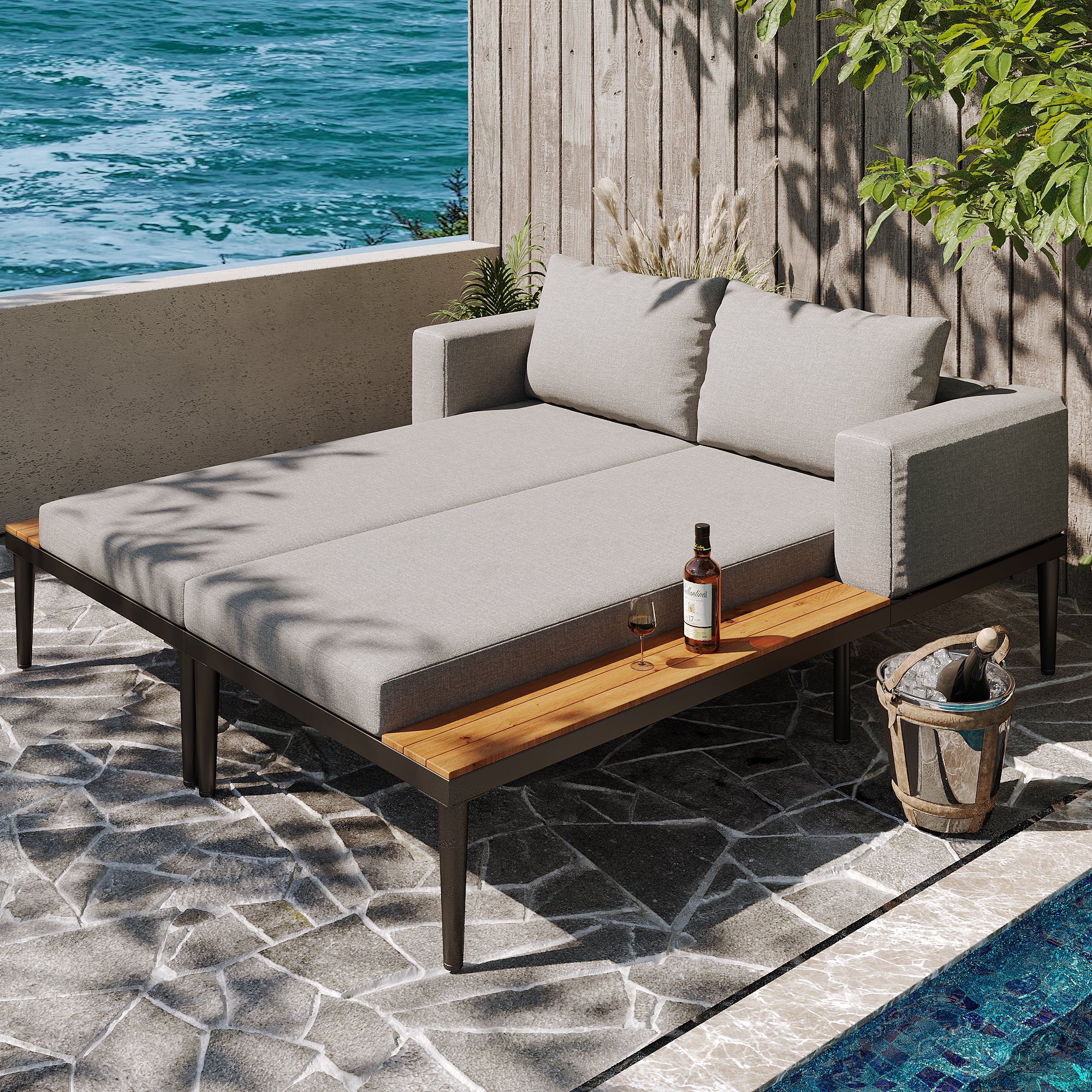 Modular Outdoor Double Chaise Lounge with Wooden Side Panels, Waterproof Cushions, Sturdy Iron Frame, for Patio & Poolside