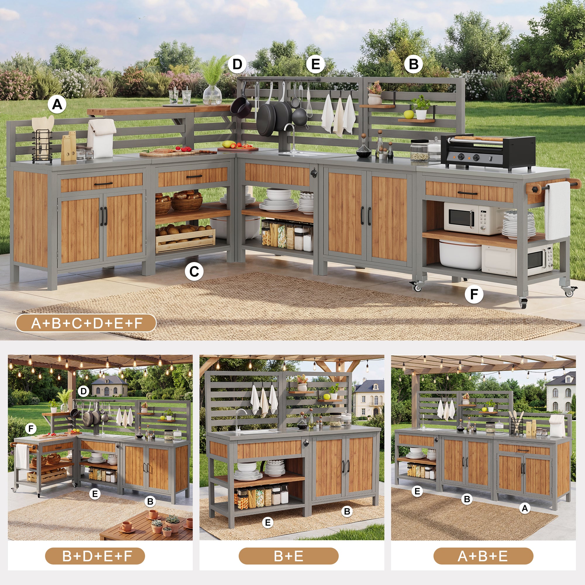 BBQ side table, mobile garden cabinet, weatherproof, stainless steel worktop, wooden garden cabinet, outdoor weatherproof tool cabinet, outdoor cabinet with large work surface and drawer