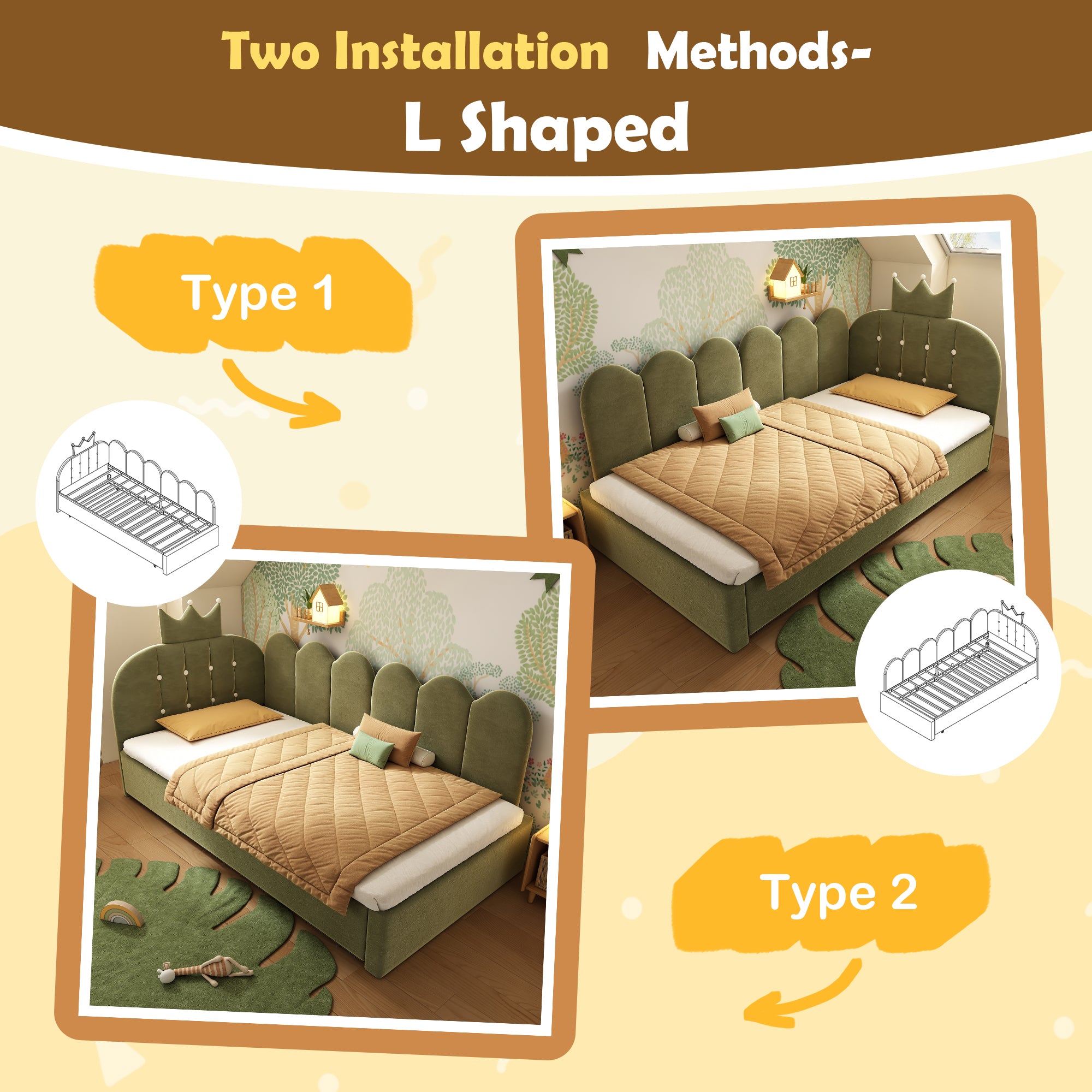Upholstered Daybed with Pull-Out Bed, Crown-shaped Trundle Bed, 3FT Single Sofa Bed 90 x 190 cm, Guest Beds for Adults & Children, Bed with Metal Slatted Frame, Velvet, Green (No Mattress)