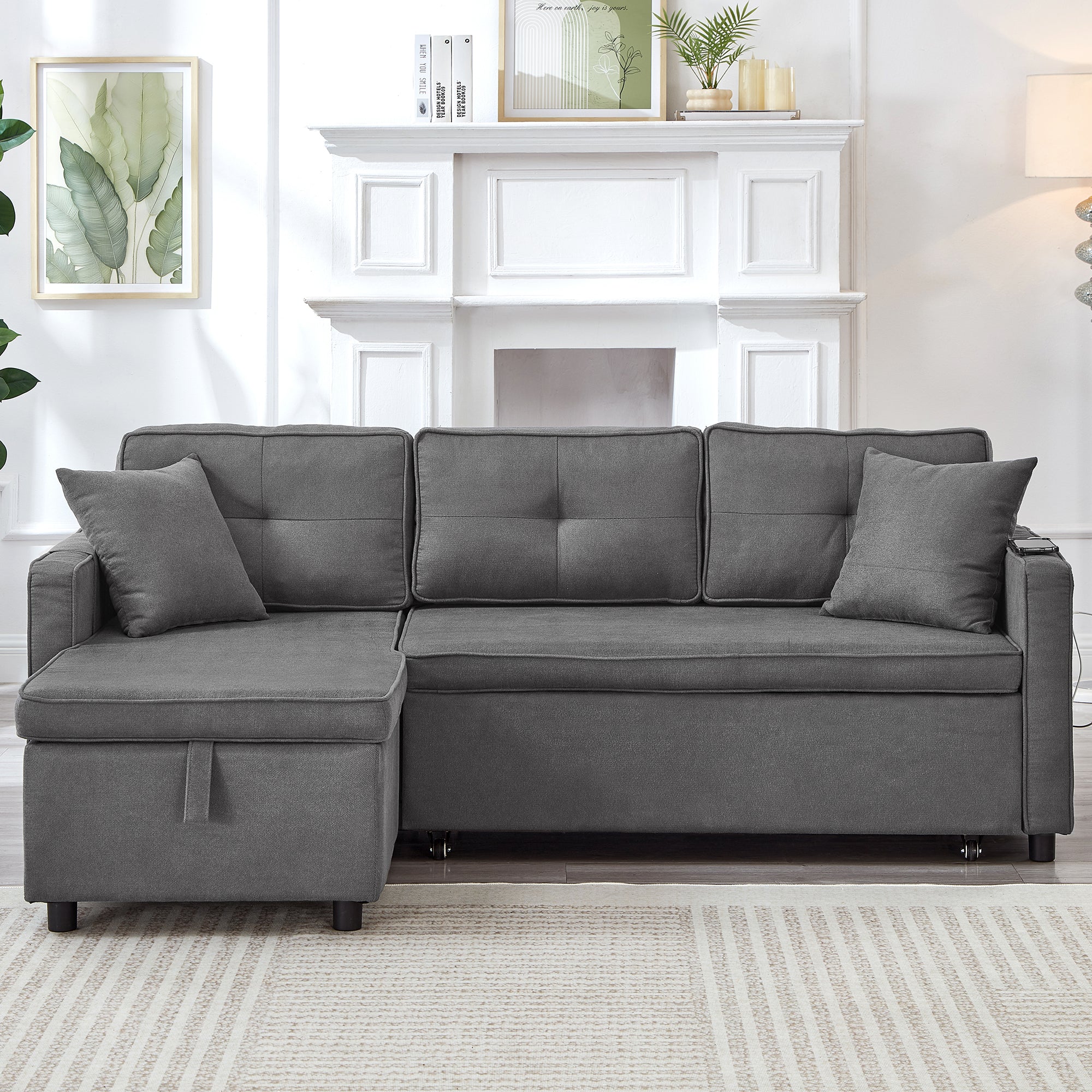 L-Shaped Pull Out Sleep Sofabed, Modern Reversible Sleeper Sectional Sofa, 3 in 1 Convertible Sofa Bed with Storage Chaise, Drop-Down Table, Cup Holders and Charging Ports (USB & Type-C), Grey