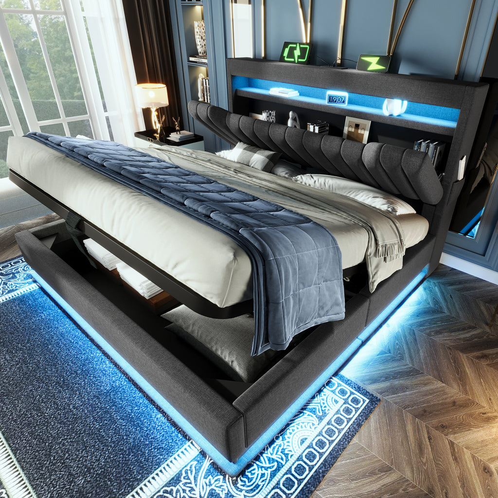 Upholstered Bed 150 x 200 cm with LED Lighting, USB Type-C Charging, Storage Headboard for Cellphones and Tablets, 5ft Hydraulic Storage Bed with Metal Slatted Frame, Linen, Grey (No Mattress)