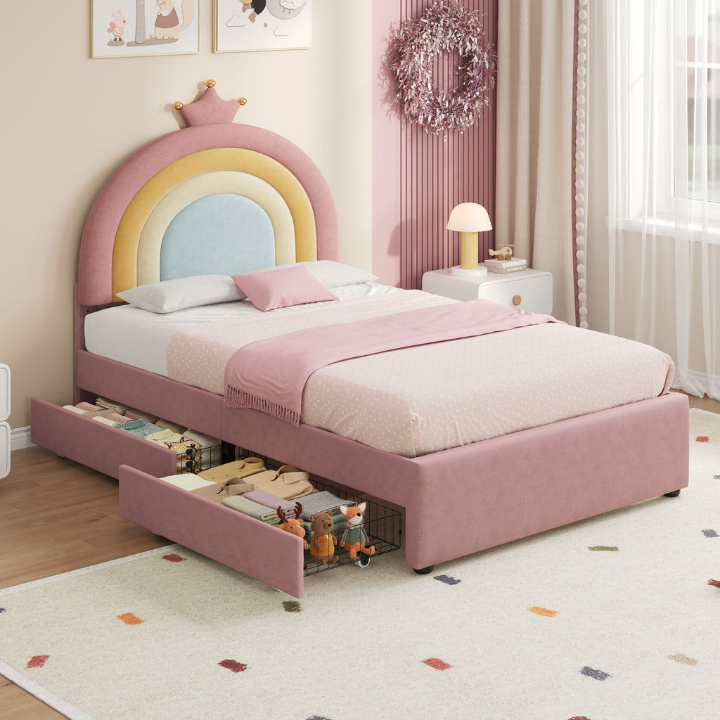 3ft Single Upholstered Bed with Adjustable Rainbow Crown Headboard, Soft Velvet Bed Frame with Flexible Storage Drawers, No Box Spring Needed, Pink (No Mattress)