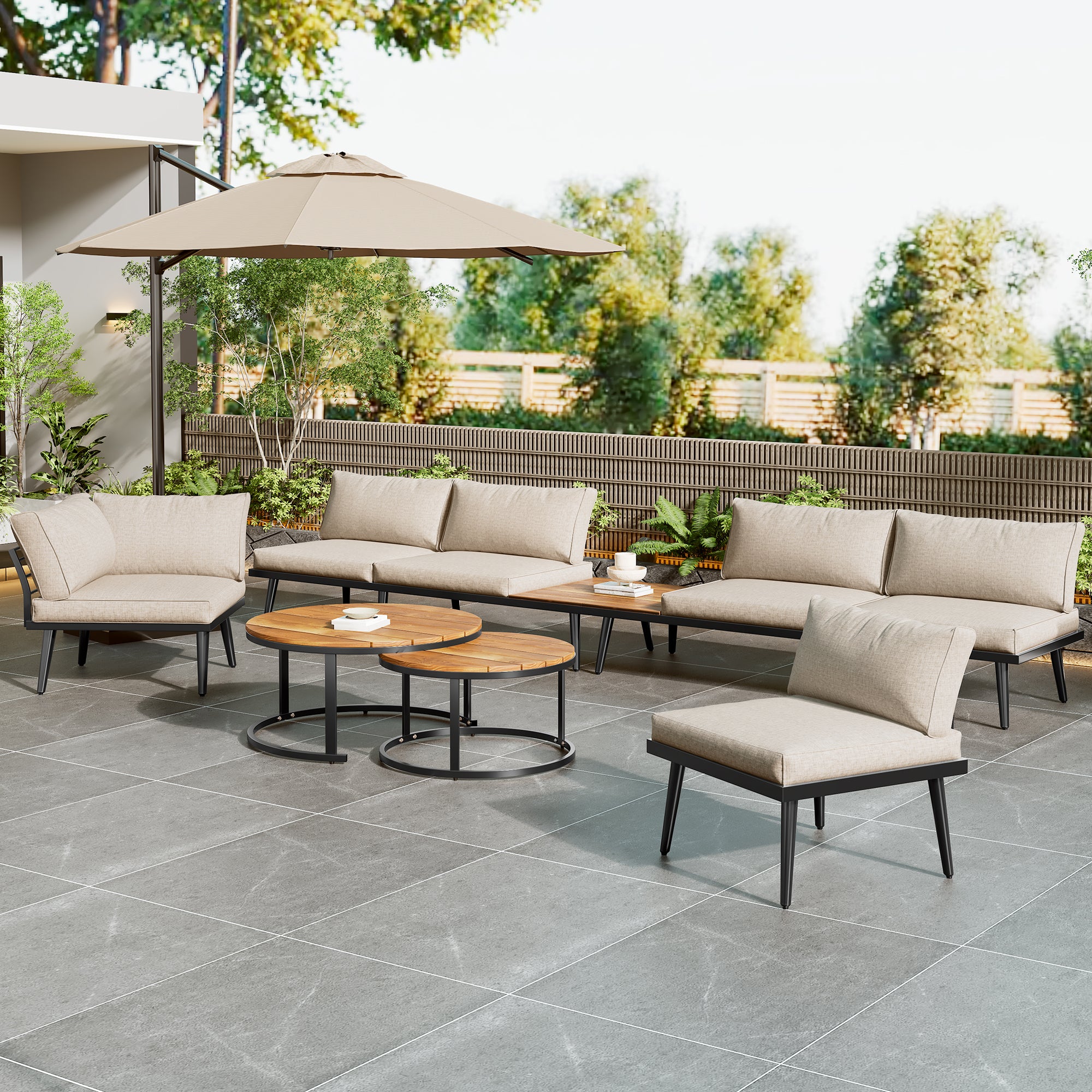 Modular Outdoor Sofa Set with Galvanized Iron Frame, Washable Cushions, Acacia Wood Nesting Tables, for Patio & Garden