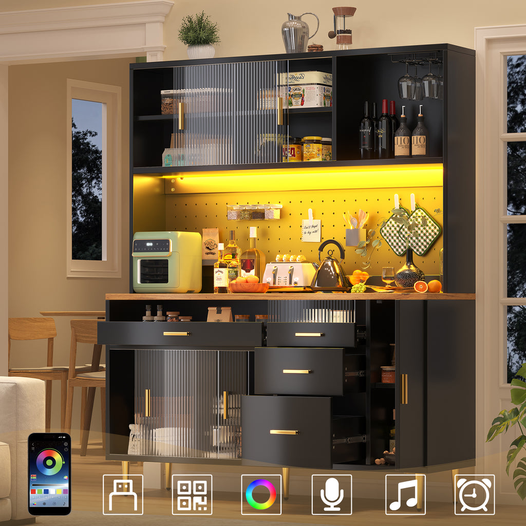 Highboard with LED Lighting & Pegboard Shelves, Tall Cabinet for Living Room, Kitchen & Dining Room Storage, Adjustable Freestanding Cupboard, 145x24x171cm, Black